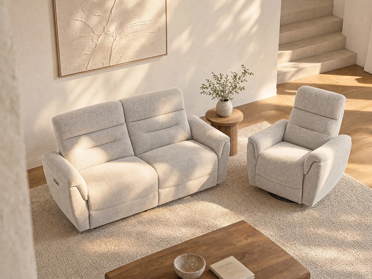 Canapé 3 places et fauteuil relax électrique en tissu texturé gris clair BREVIO
