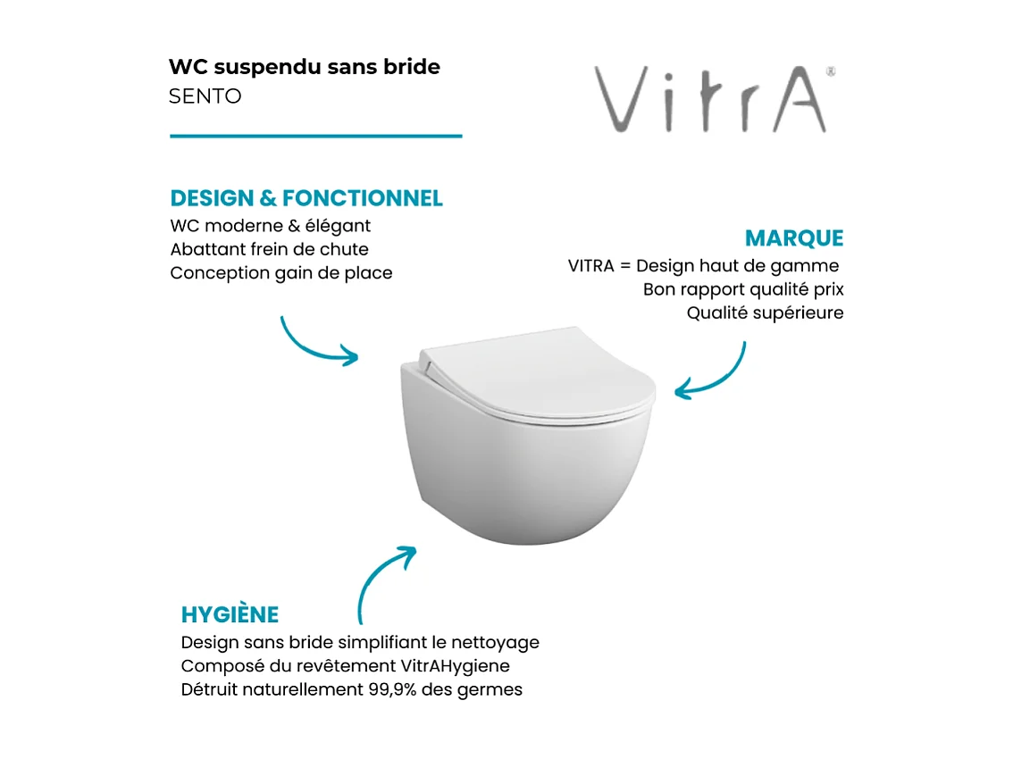WC suspendu sans bride VITRA Sento blanc mat + abattant