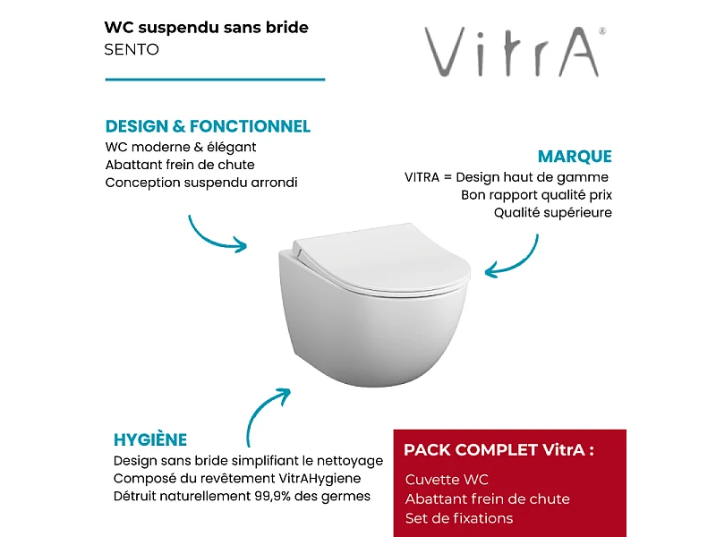 Cuvette WC suspendu sans bride VitrA Sento blanc mat + abattant frein de chute