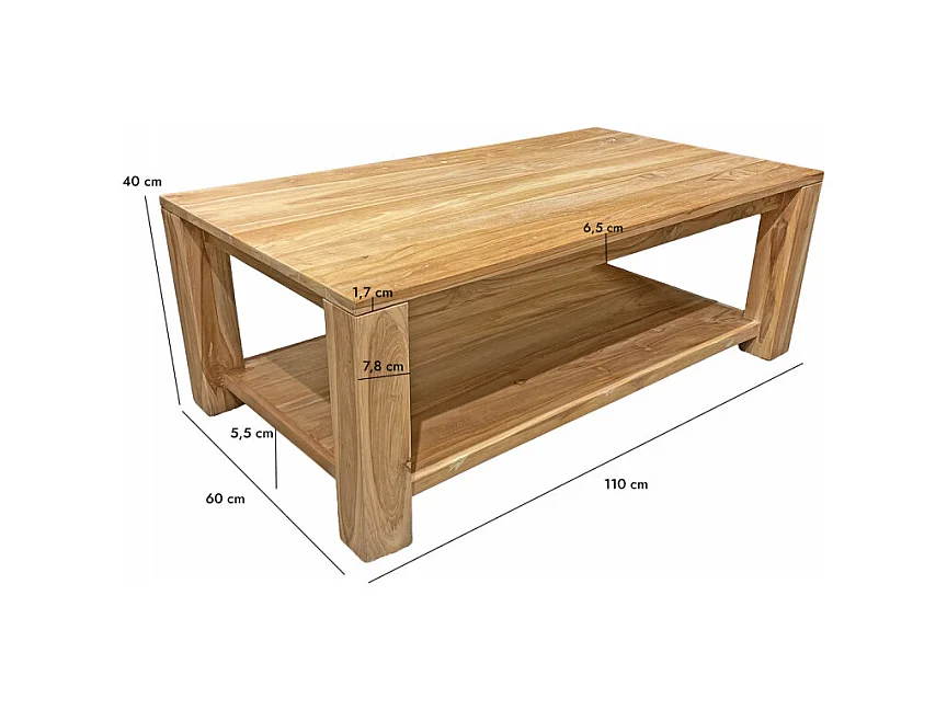 Table basse rectangulaire 110 cm 2 plateaux bois teck – APHRODITE
