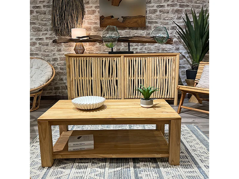 Table basse rectangulaire 110 cm 2 plateaux bois teck – APHRODITE