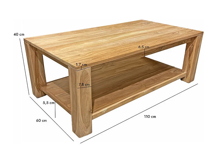 Table basse rectangulaire 110 cm 2 plateaux bois teck – APHRODITE