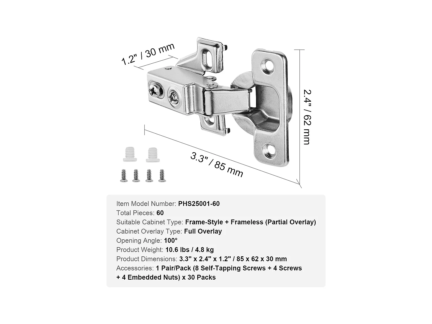 Lot de 60 Charnières de Porte d'Armoire à Fermeture Douce SucceBuy, Fermeture en Douceur Avec ou Sans Cadre