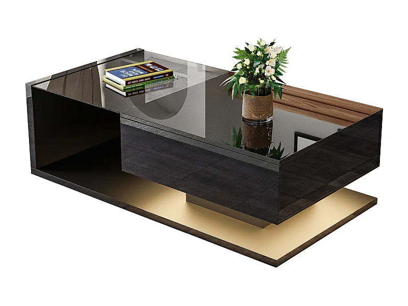 Couchtisch glänzend - 105 x 55 x 32,5 cm - Beistelltische mit Glas + LEDs + 1 Schublade - Spanplatte - Schwarz