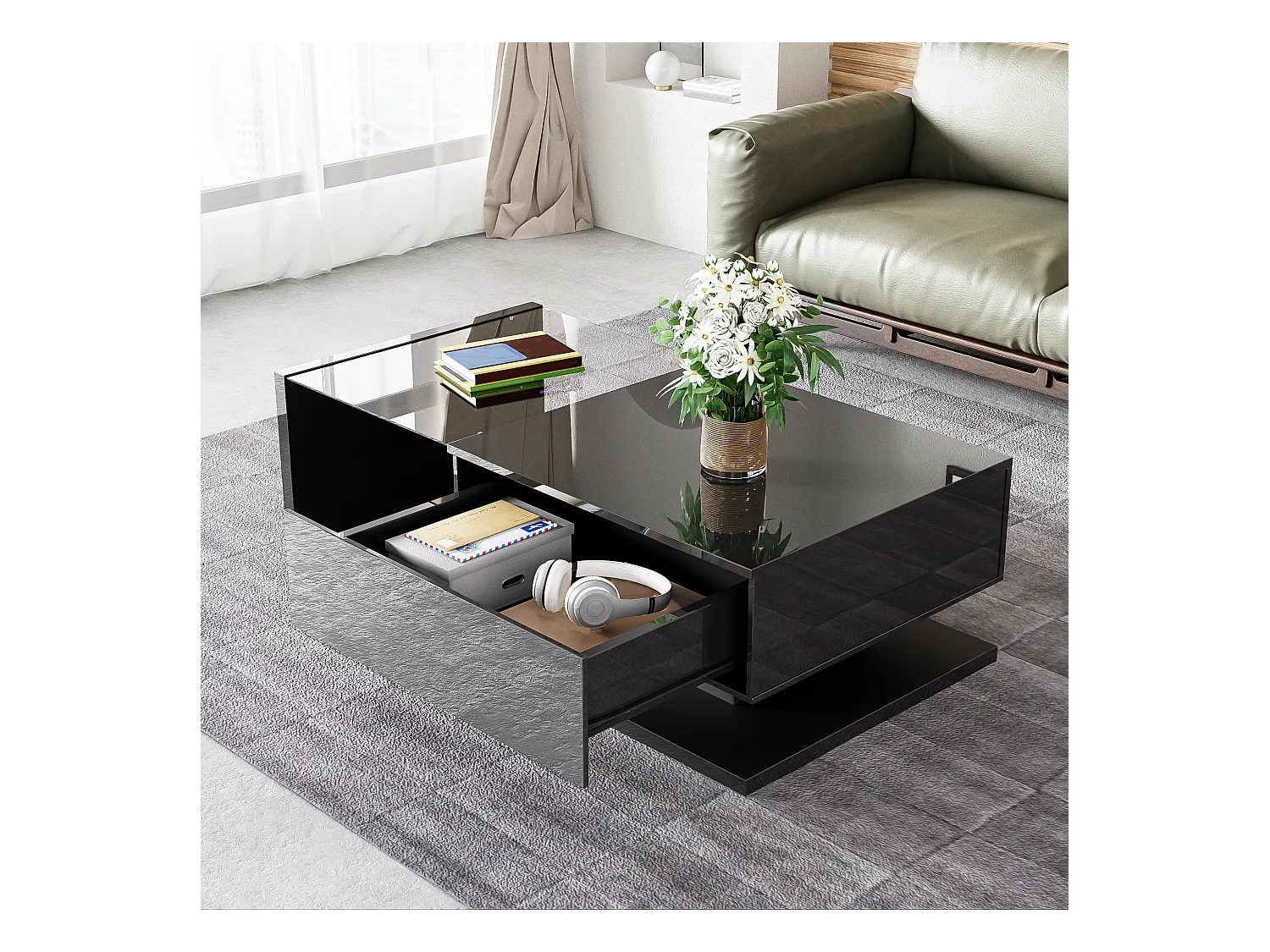 Table basse brillante - 105 x 55 x 32.5 cm - Tables d'appoint avec verre + Leds + 1 tiroirs - aggloméré - noir