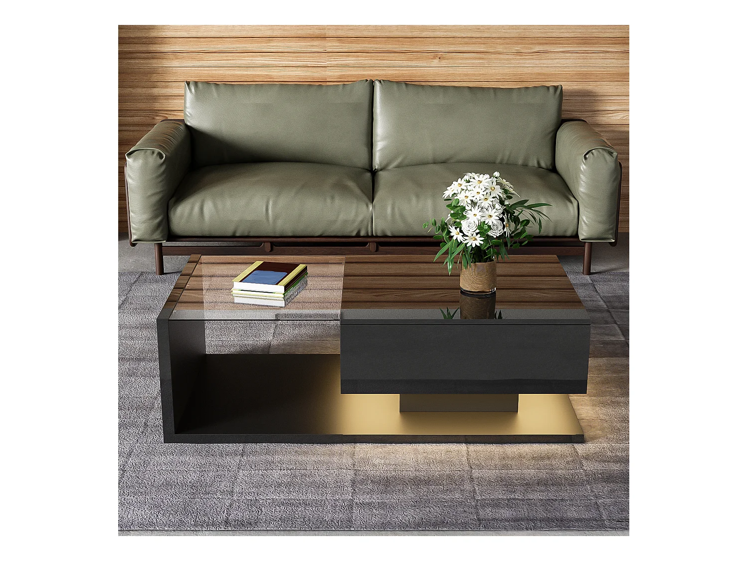 Table basse brillante - 105 x 55 x 32.5 cm - Tables d'appoint avec verre + Leds + 1 tiroirs - aggloméré - noir