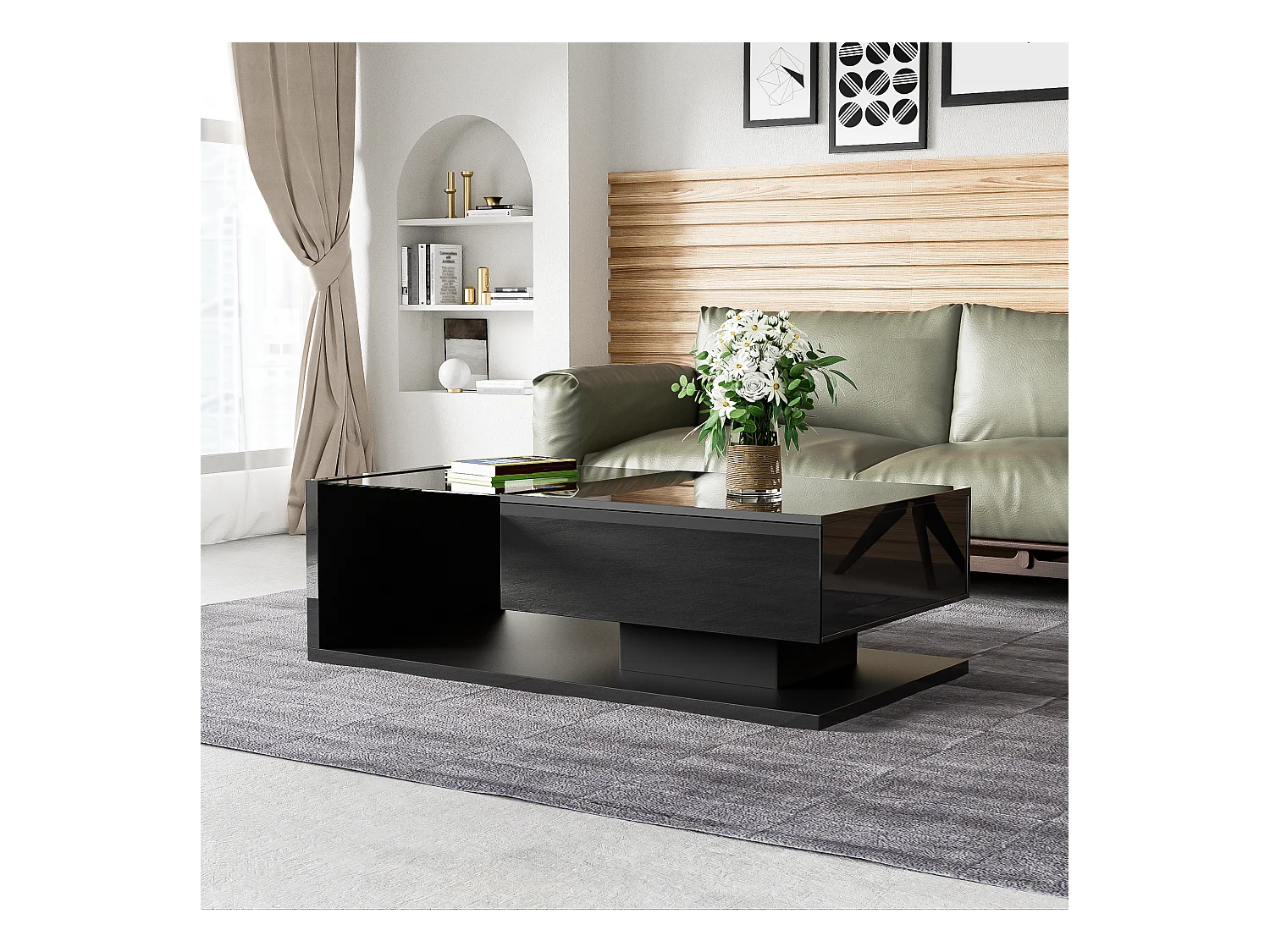 Table basse brillante - 105 x 55 x 32.5 cm - Tables d'appoint avec verre + Leds + 1 tiroirs - aggloméré - noir