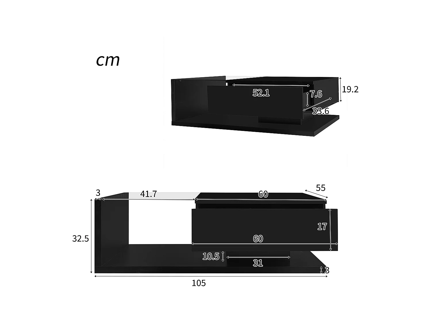 Table basse brillante - 105 x 55 x 32.5 cm - Tables d'appoint avec verre + Leds + 1 tiroirs - aggloméré - noir