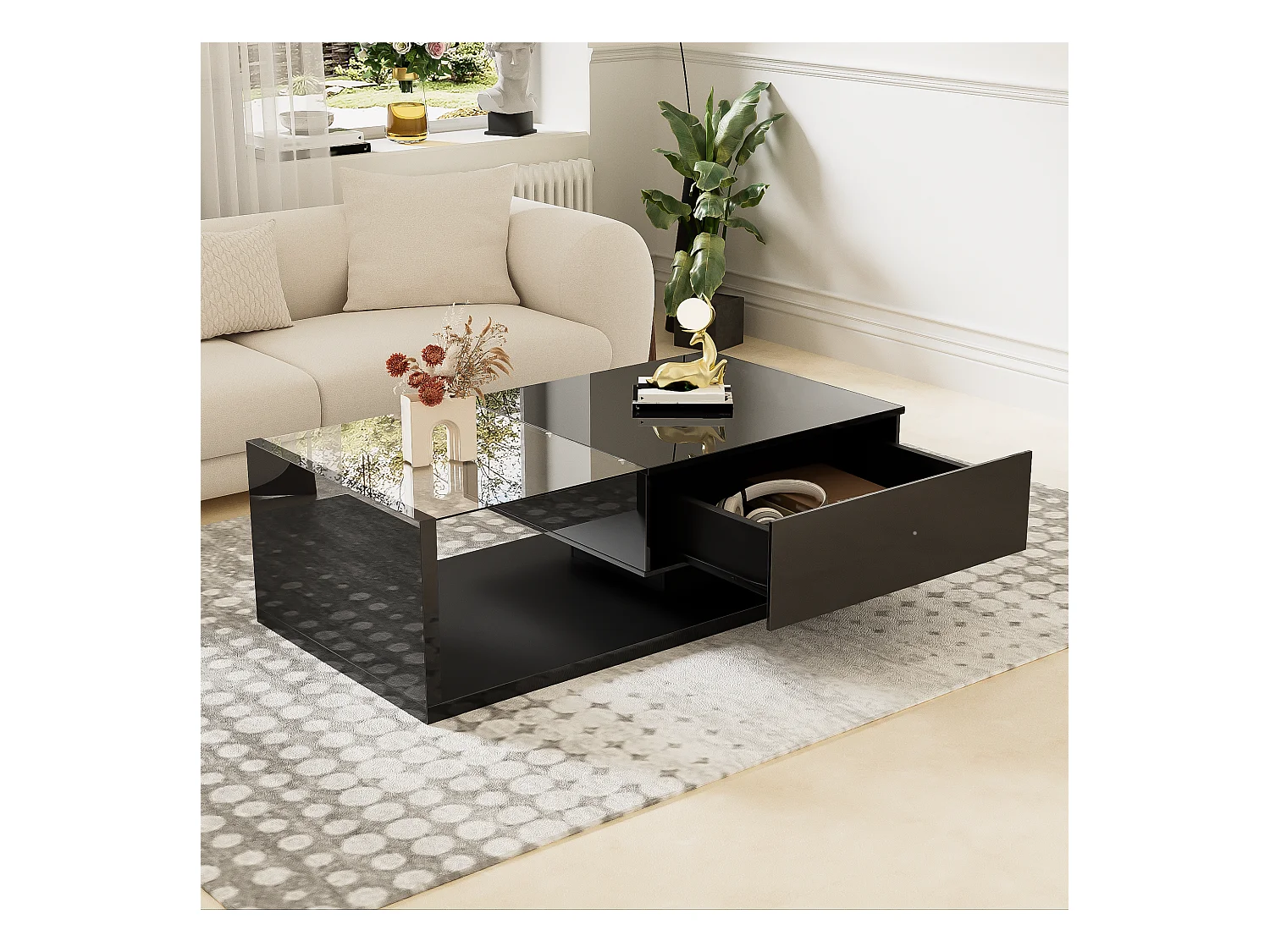 Table basse brillante - 105 x 55 x 32.5 cm - Tables d'appoint avec verre + Leds + 1 tiroirs - aggloméré - noir