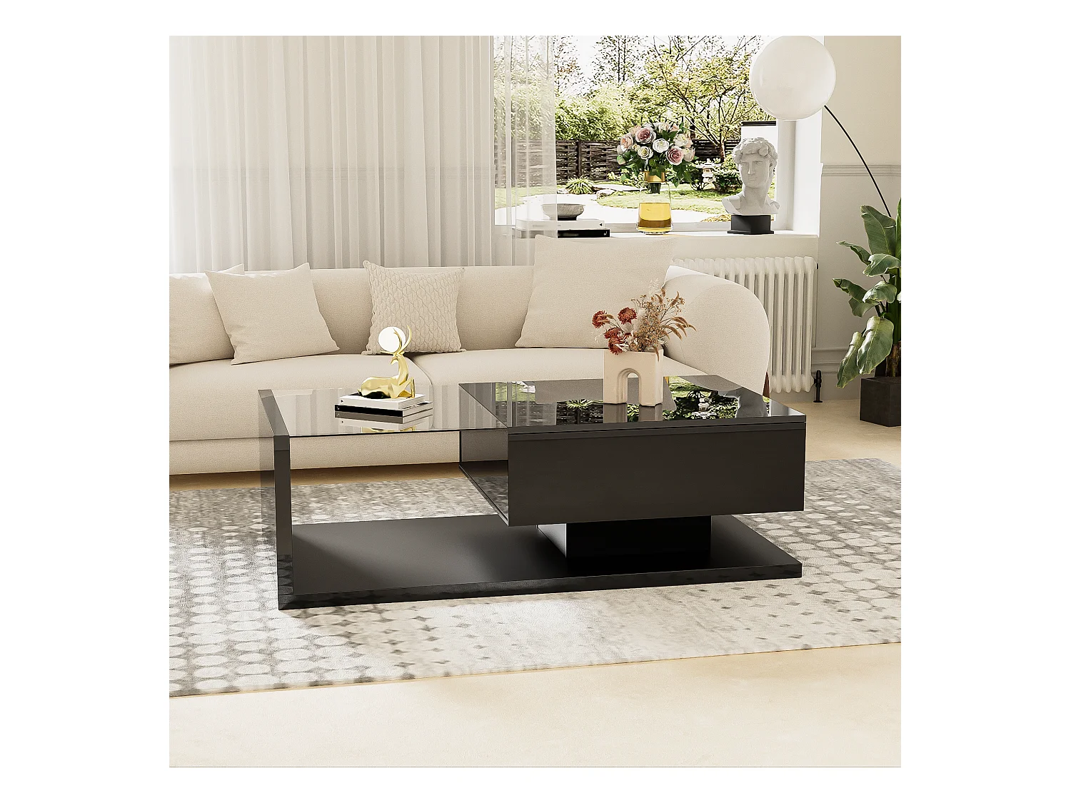 Table basse brillante - 105 x 55 x 32.5 cm - Tables d'appoint avec verre + Leds + 1 tiroirs - aggloméré - noir