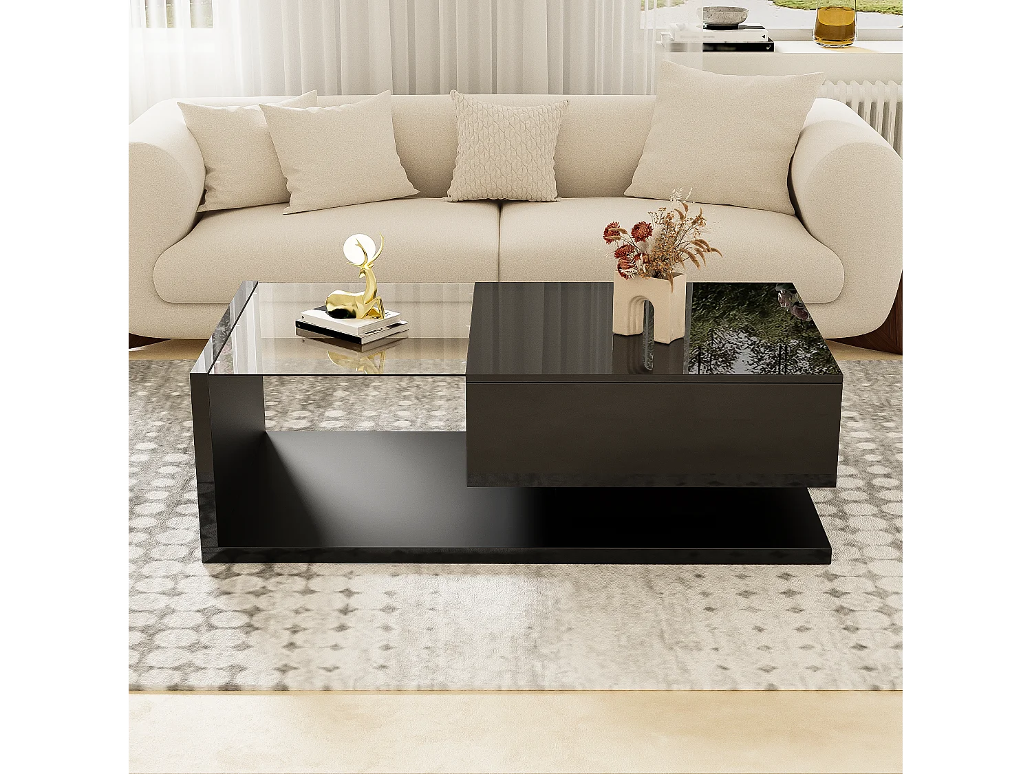 Table basse brillante - 105 x 55 x 32.5 cm - Tables d'appoint avec verre + Leds + 1 tiroirs - aggloméré - noir