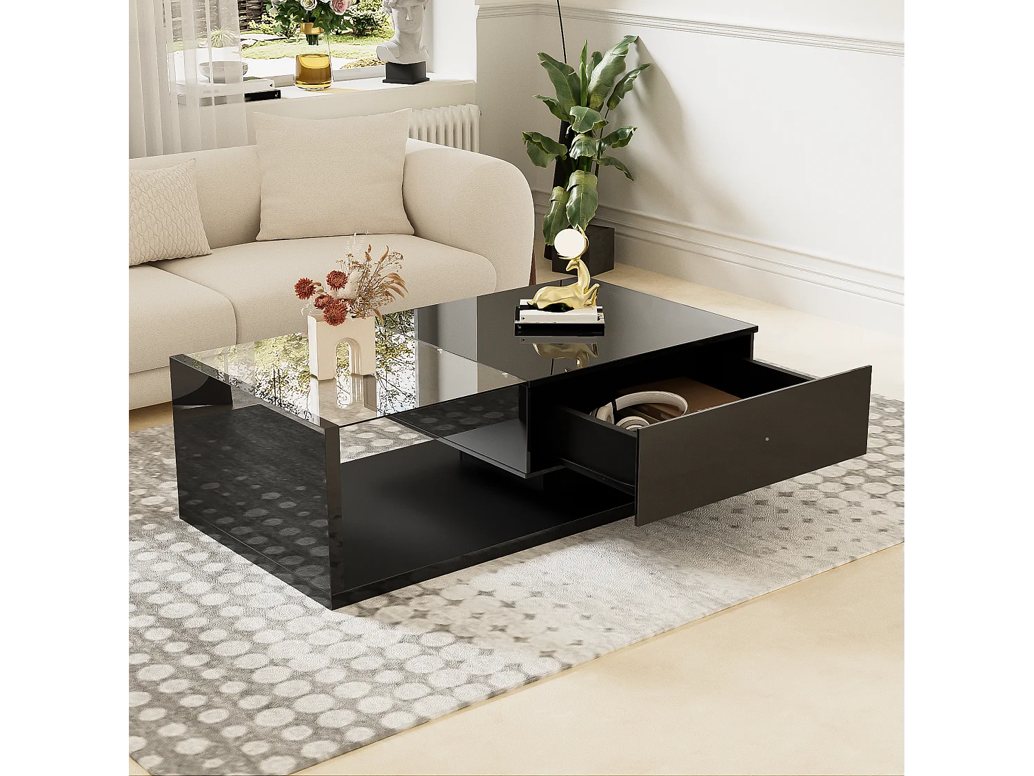 Table basse brillante - 105 x 55 x 32.5 cm - Tables d'appoint avec verre + Leds + 1 tiroirs - aggloméré - noir