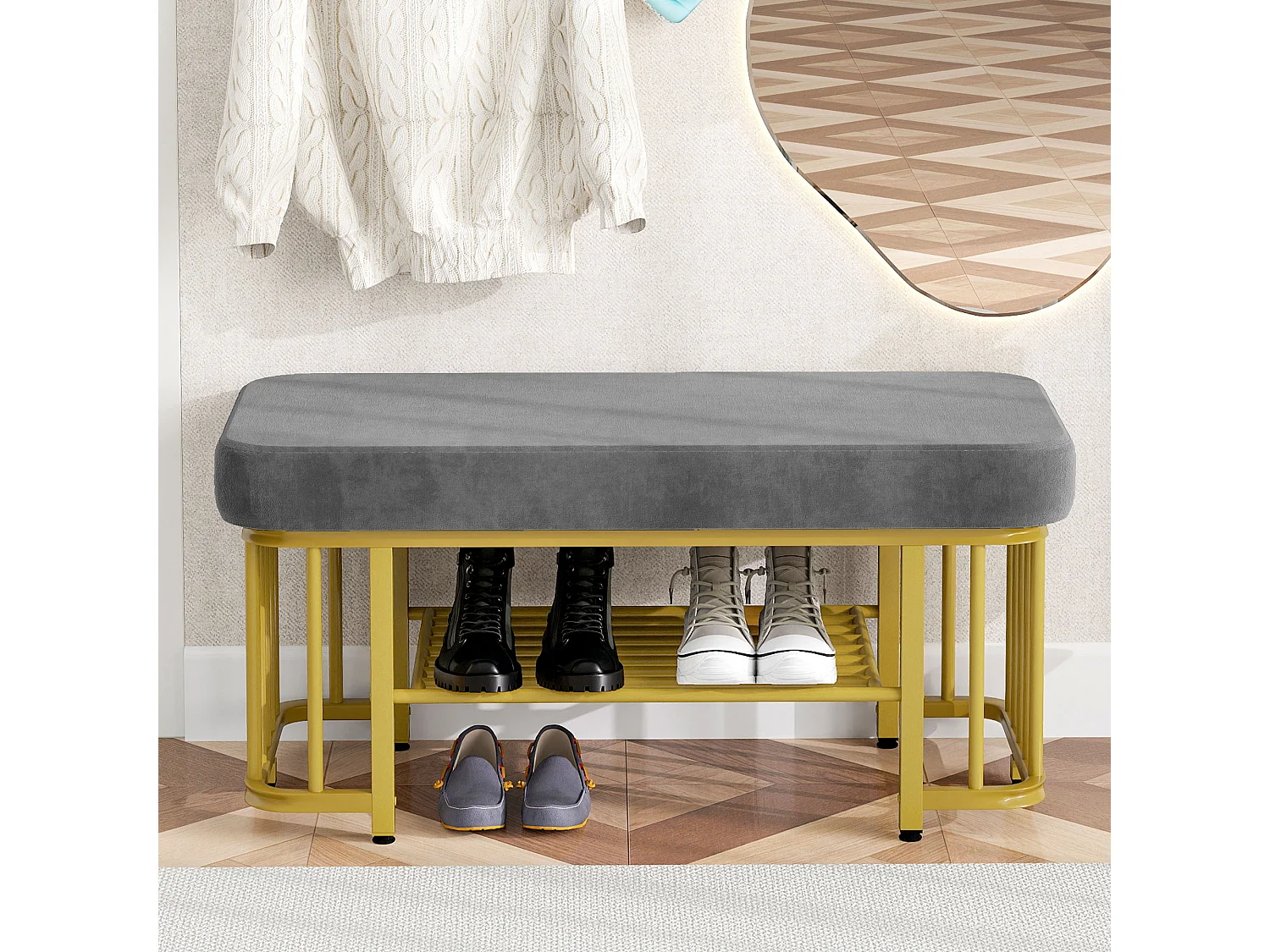 Banc à chaussures - 80 x 35 x 39.5 cm - assise en velours - structure en métal - pieds réglables - Métal - gris + doré