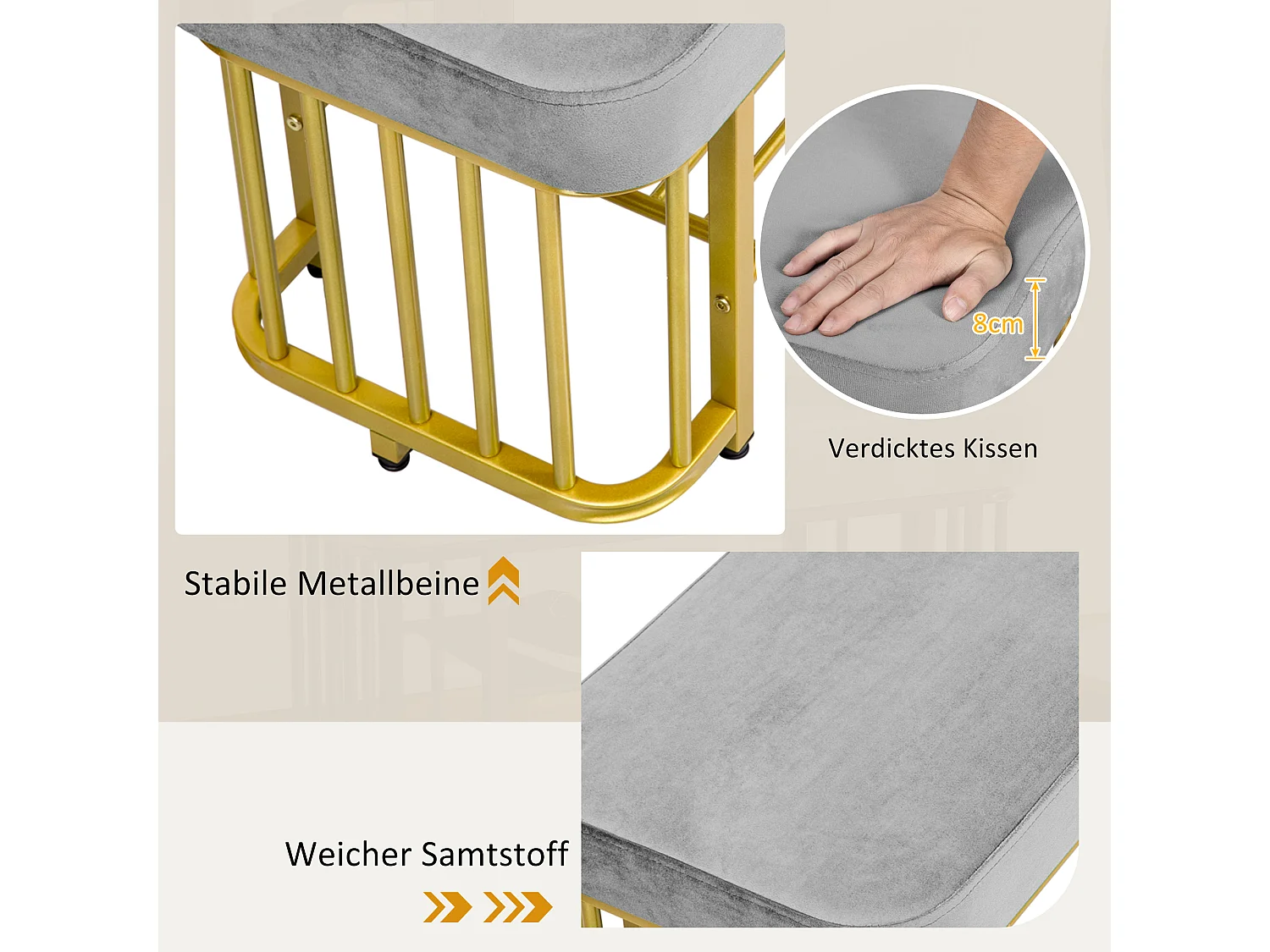 Banc à chaussures - 80 x 35 x 39.5 cm - assise en velours - structure en métal - pieds réglables - Métal - gris + doré