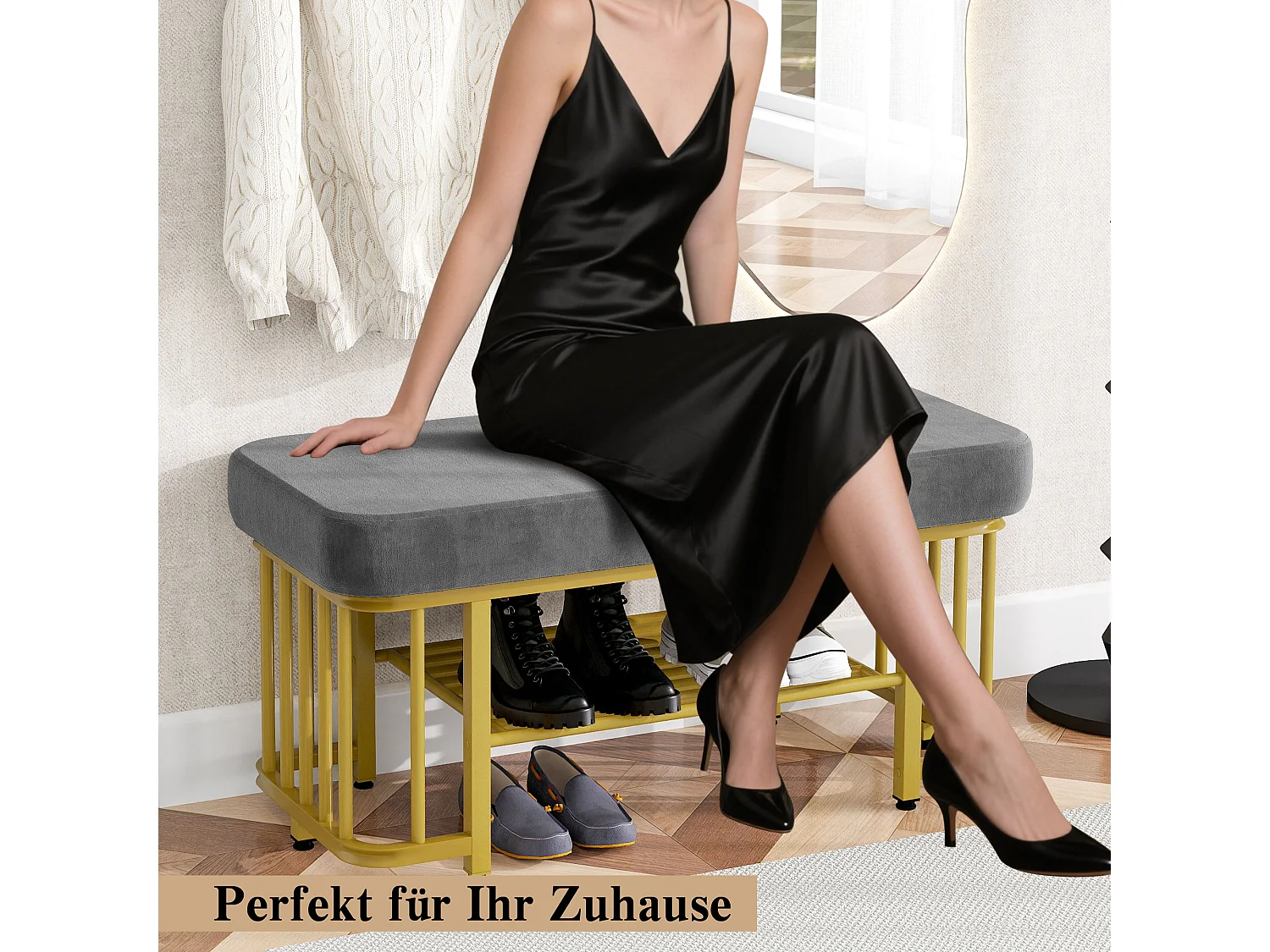 Banc à chaussures - 80 x 35 x 39.5 cm - assise en velours - structure en métal - pieds réglables - Métal - gris + doré