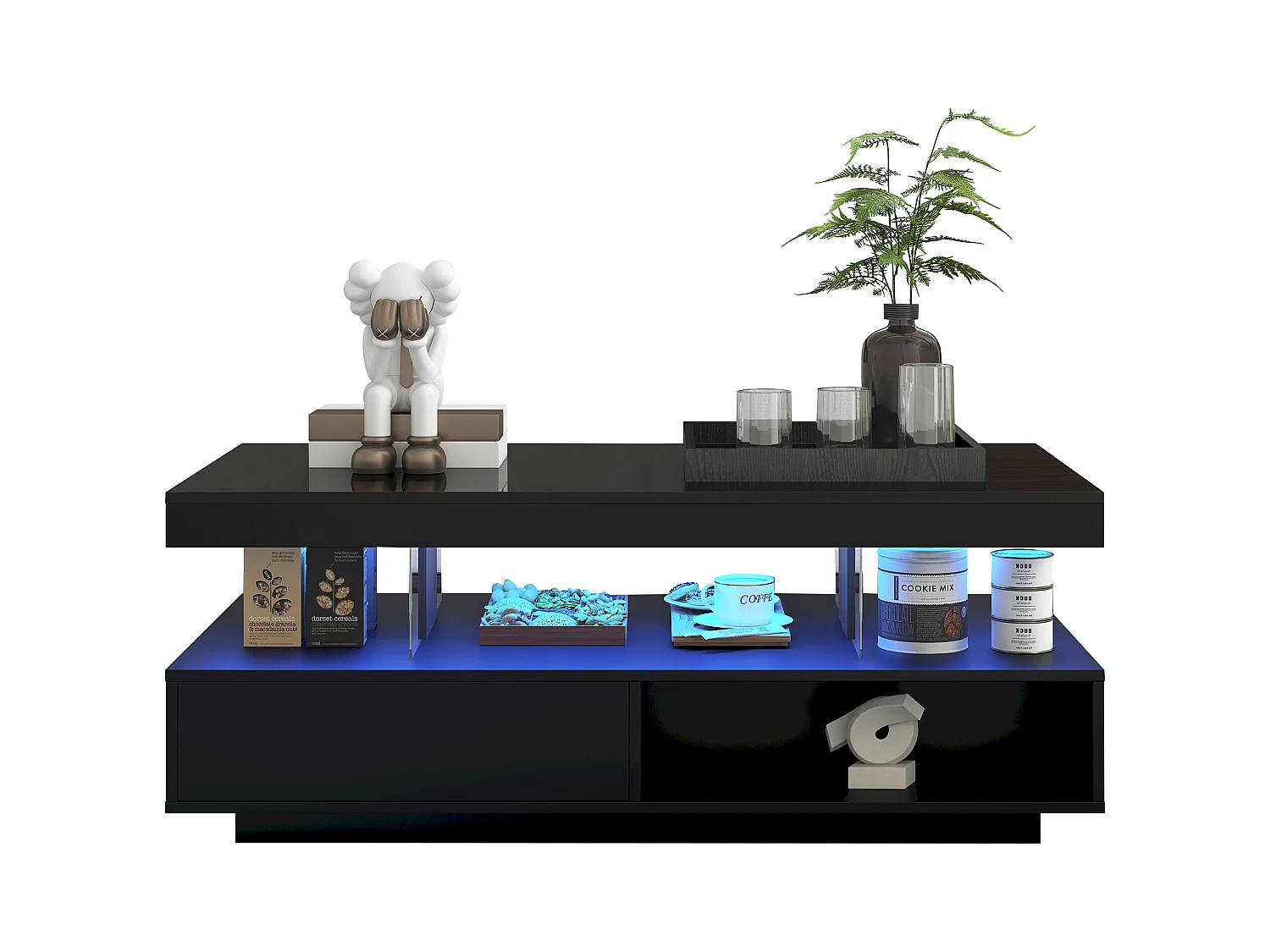 Table basse brillante - 95 x 50 x 42.5 cm - avec 4 plateaux en verre + 2 tiroirs - aggloméré - noir