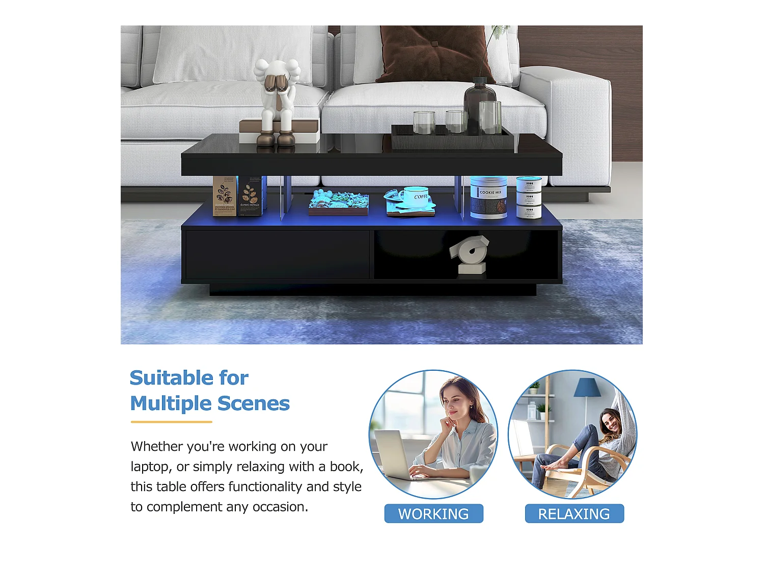 Table basse brillante - 95 x 50 x 42.5 cm - avec 4 plateaux en verre + 2 tiroirs - aggloméré - noir