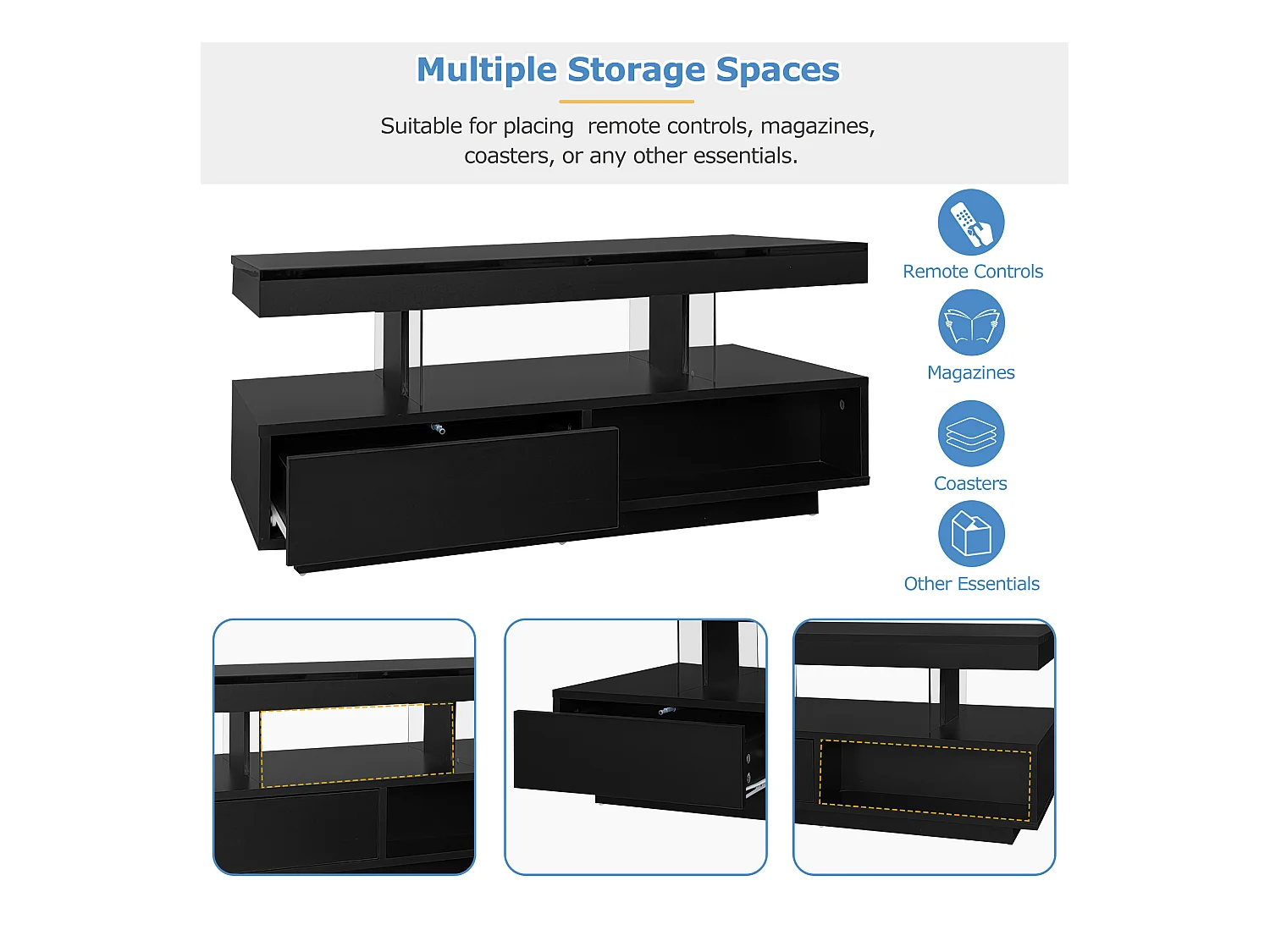 Table basse brillante - 95 x 50 x 42.5 cm - avec 4 plateaux en verre + 2 tiroirs - aggloméré - noir