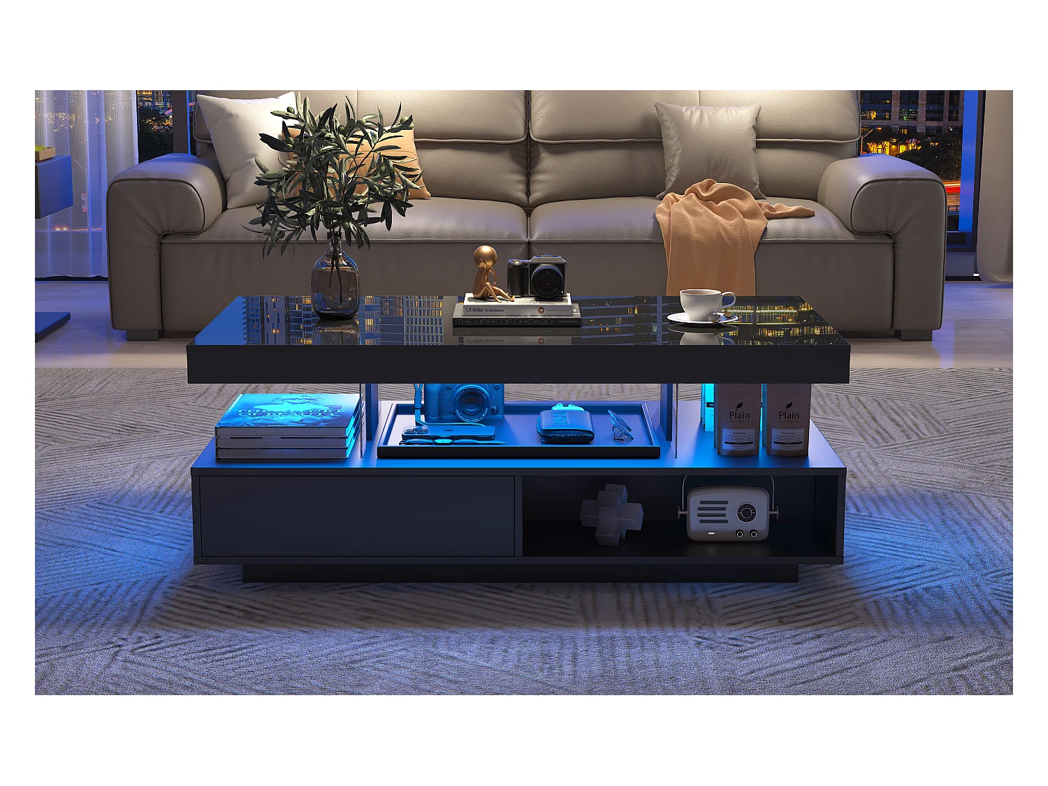 Table basse brillante - 95 x 50 x 42.5 cm - avec 4 plateaux en verre + 2 tiroirs - aggloméré - noir