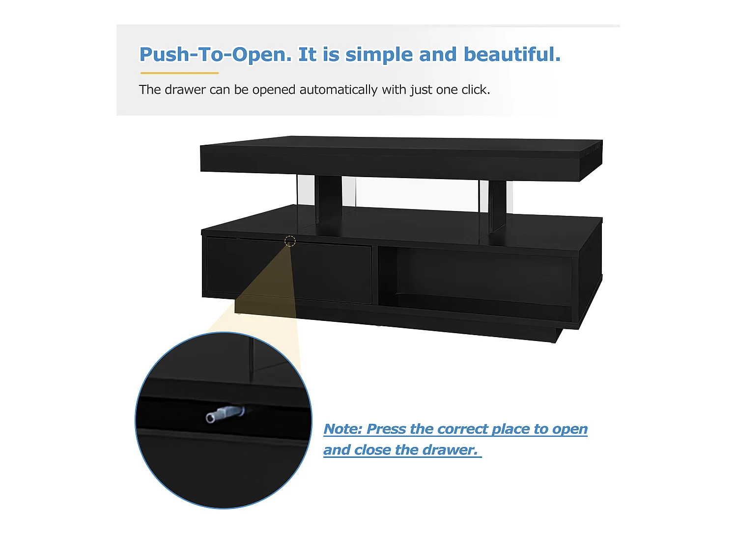 Table basse brillante - 95 x 50 x 42.5 cm - avec 4 plateaux en verre + 2 tiroirs - aggloméré - noir