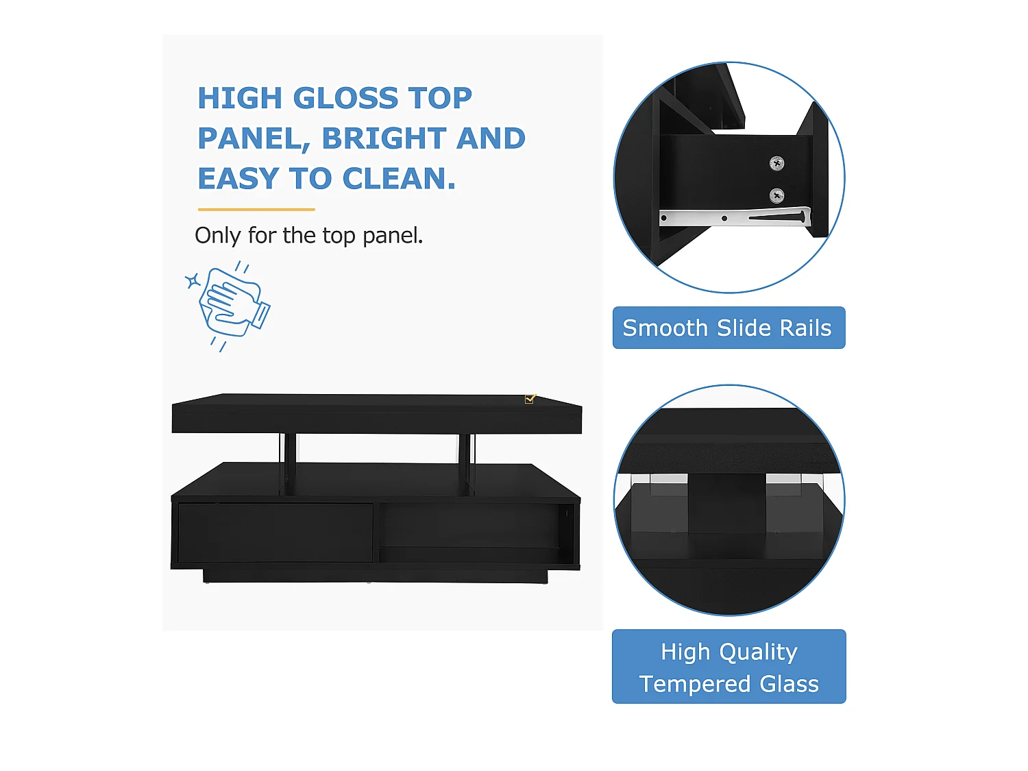 Table basse brillante - 95 x 50 x 42.5 cm - avec 4 plateaux en verre + 2 tiroirs - aggloméré - noir