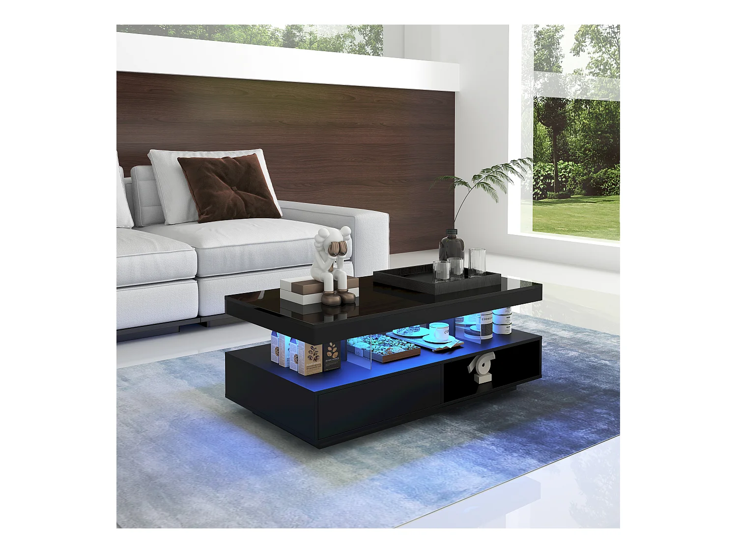 Couchtisch glänzend - 95 x 50 x 42,5 cm - mit 4 Glasplatten + 2 Schubladen - Spanplatte - Schwarz