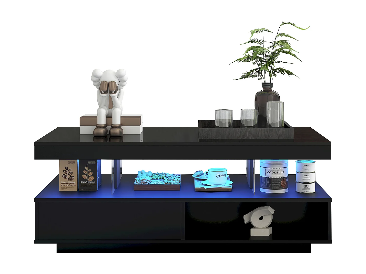 Tavolino da caffè lucido - 95 x 50 x 42,5 cm - con 4 ripiani in vetro + 2 cassetti - truciolare - nero