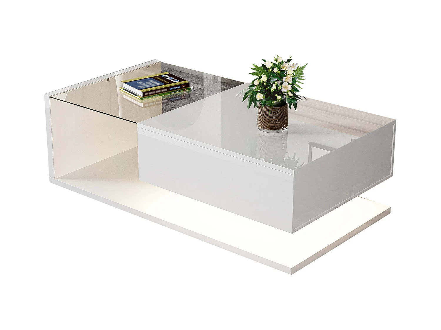 Table basse brillante - 105 x 55 x 32.5 cm - Tables d'appoint avec verre + Leds + 1 tiroirs - aggloméré - blanc