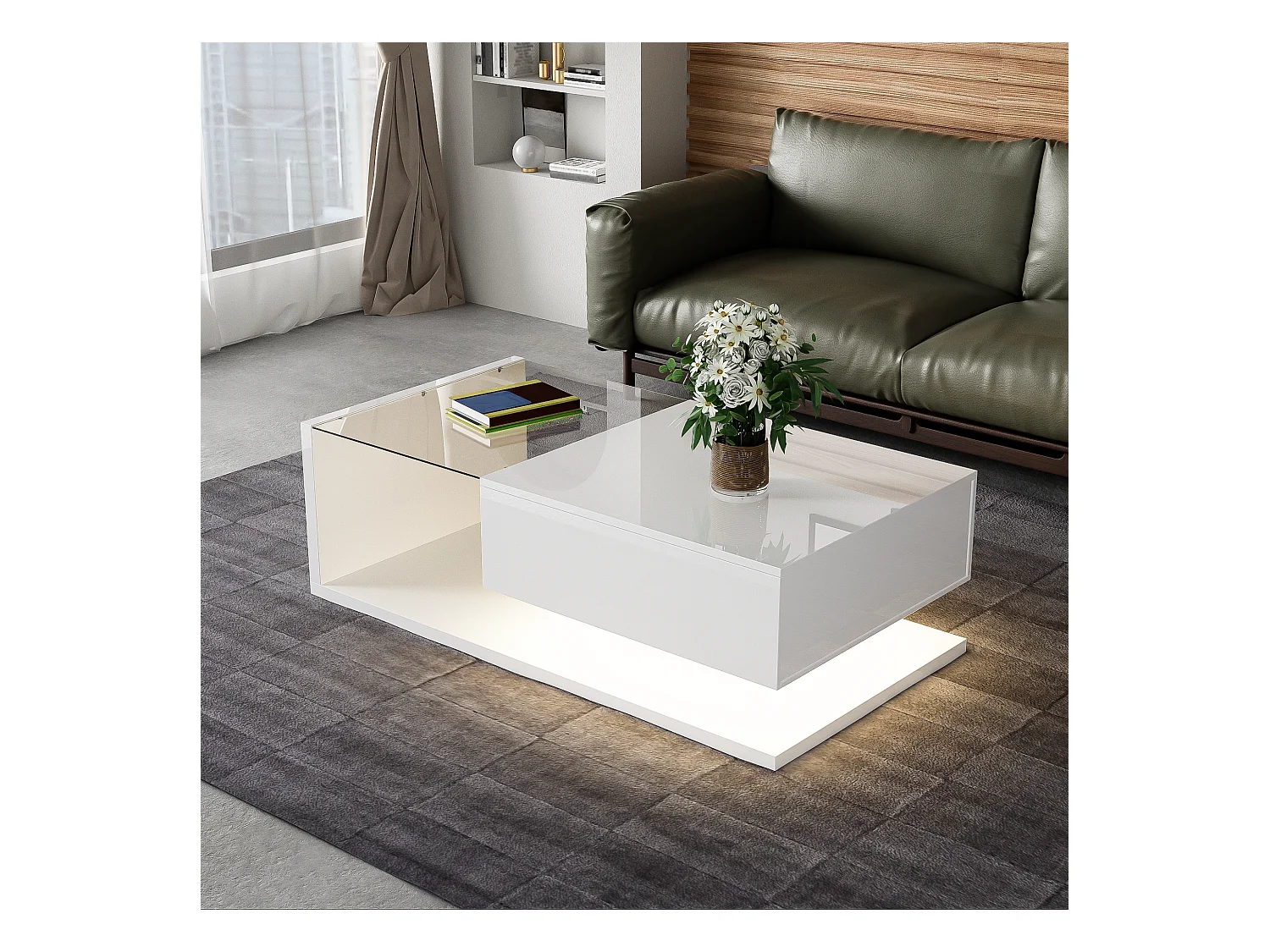 Table basse brillante - 105 x 55 x 32.5 cm - Tables d'appoint avec verre + Leds + 1 tiroirs - aggloméré - blanc