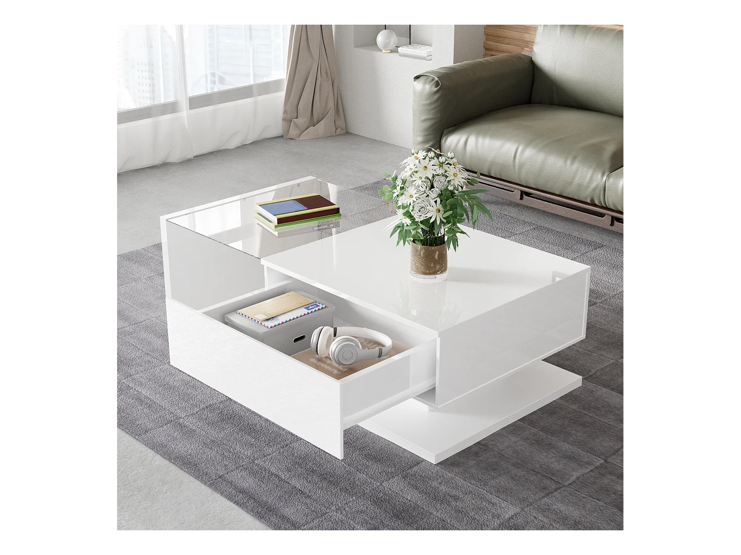 Table basse brillante - 105 x 55 x 32.5 cm - Tables d'appoint avec verre + Leds + 1 tiroirs - aggloméré - blanc