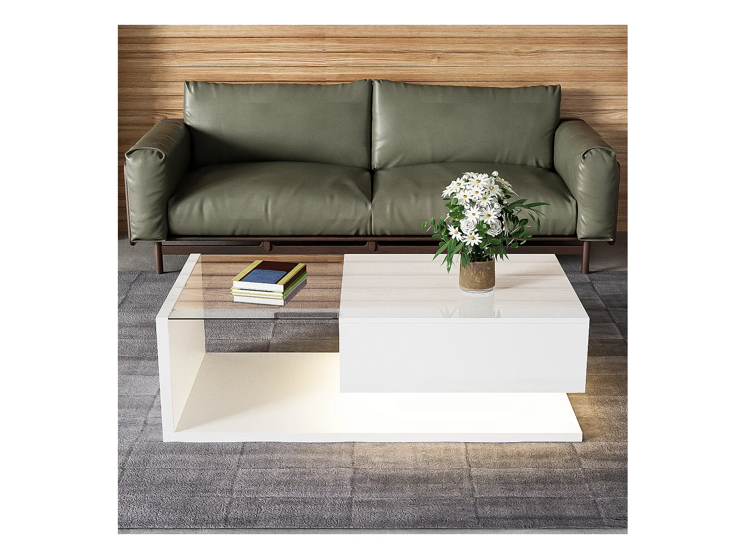 Table basse brillante - 105 x 55 x 32.5 cm - Tables d'appoint avec verre + Leds + 1 tiroirs - aggloméré - blanc