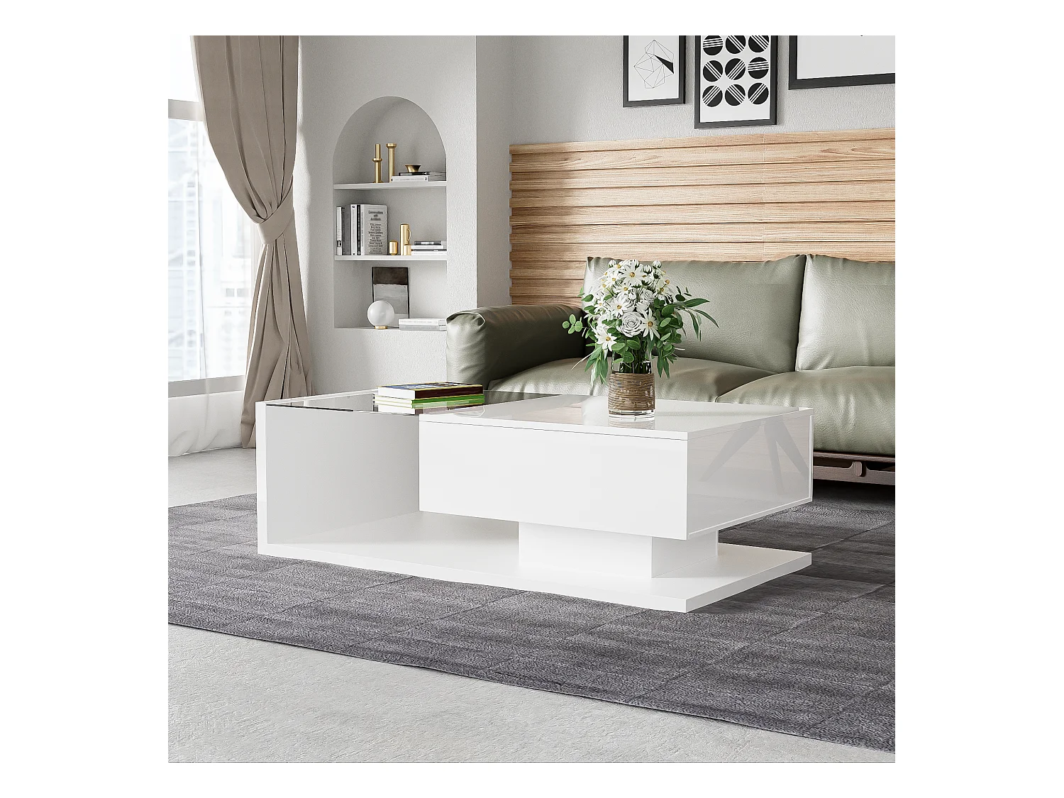 Table basse brillante - 105 x 55 x 32.5 cm - Tables d'appoint avec verre + Leds + 1 tiroirs - aggloméré - blanc