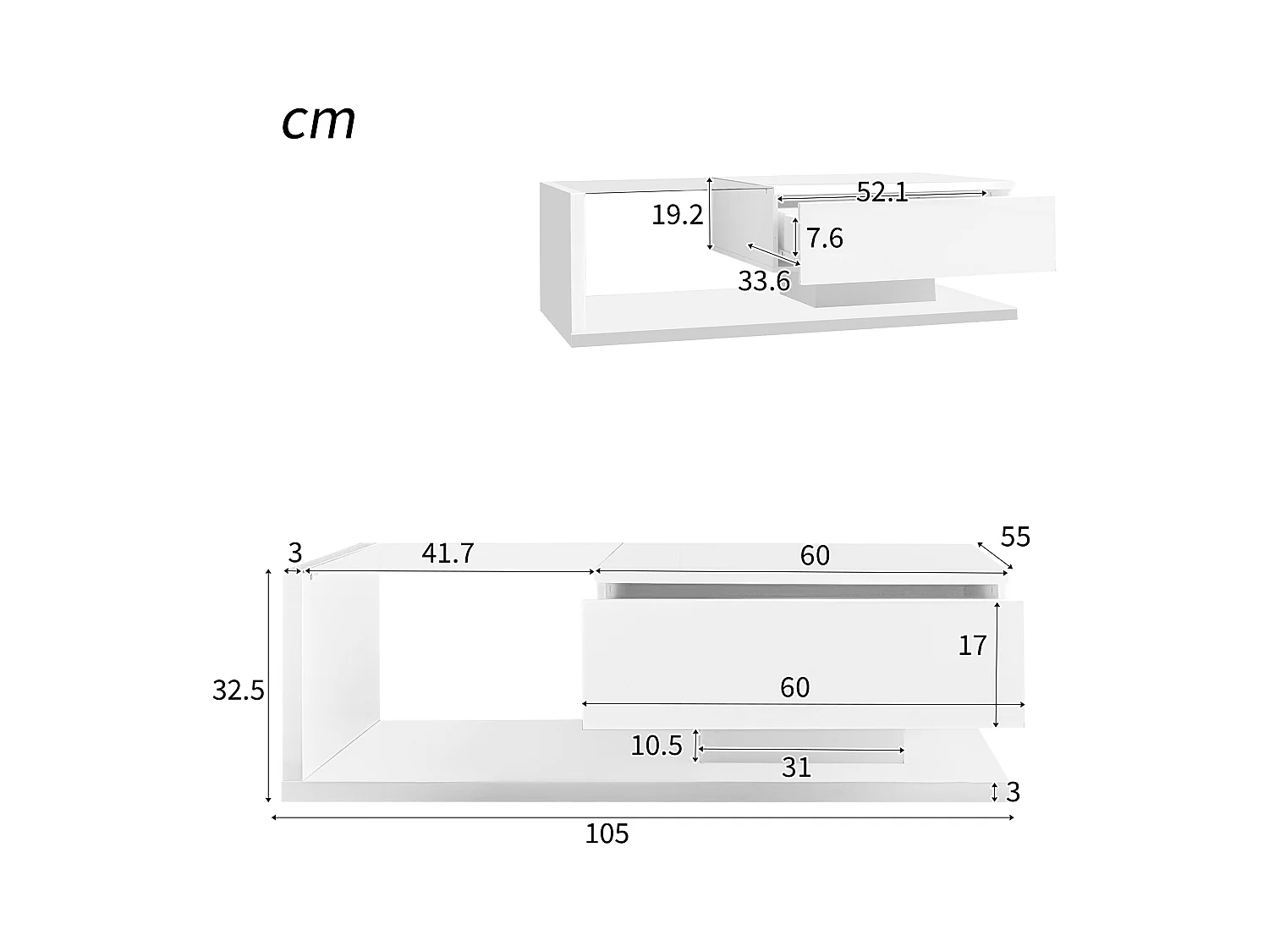Table basse brillante - 105 x 55 x 32.5 cm - Tables d'appoint avec verre + Leds + 1 tiroirs - aggloméré - blanc