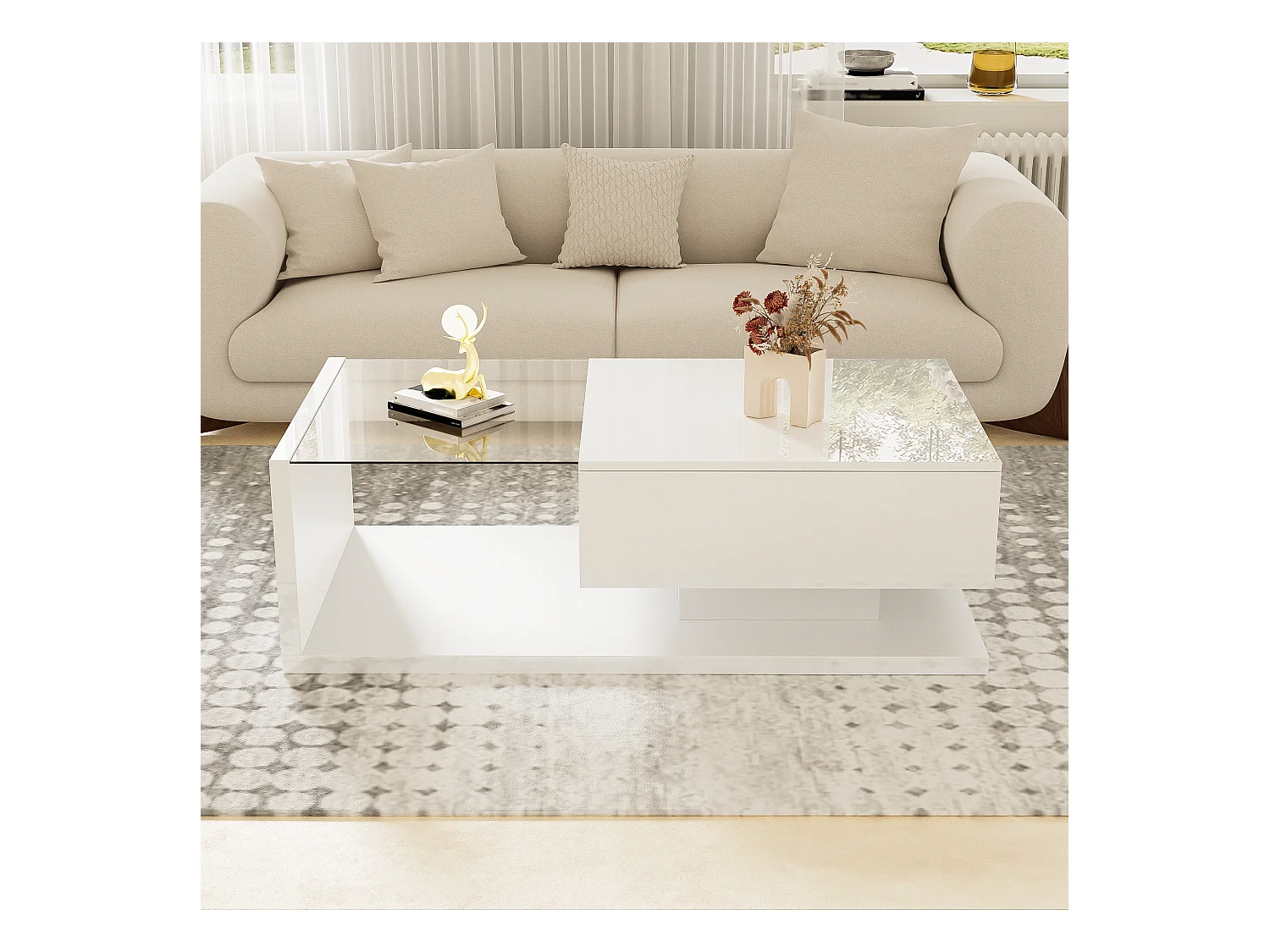 Table basse brillante - 105 x 55 x 32.5 cm - Tables d'appoint avec verre + Leds + 1 tiroirs - aggloméré - blanc