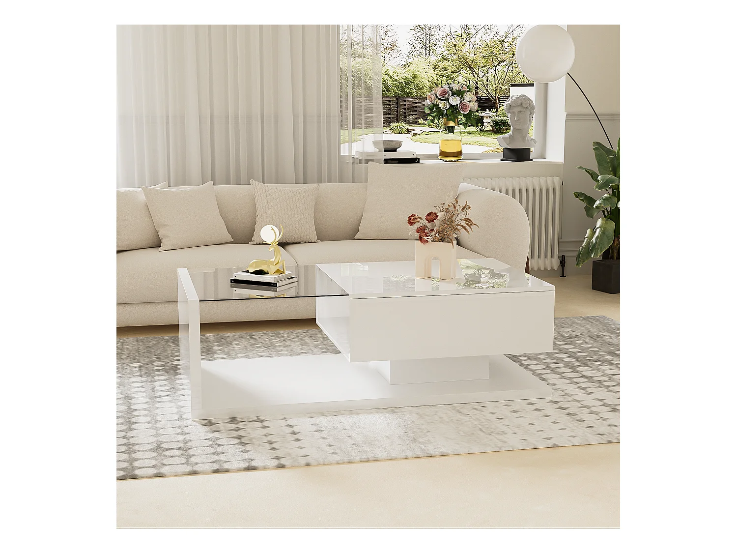 Table basse brillante - 105 x 55 x 32.5 cm - Tables d'appoint avec verre + Leds + 1 tiroirs - aggloméré - blanc