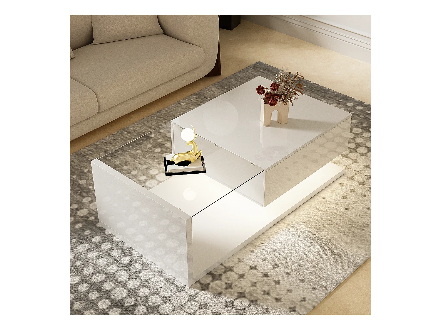 Table basse brillante - 105 x 55 x 32.5 cm - Tables d'appoint avec verre + Leds + 1 tiroirs - aggloméré - blanc