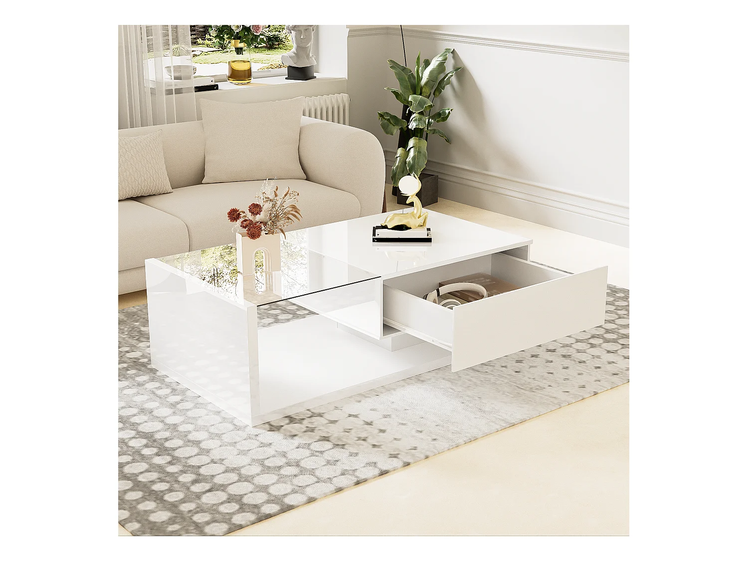 Table basse brillante - 105 x 55 x 32.5 cm - Tables d'appoint avec verre + Leds + 1 tiroirs - aggloméré - blanc