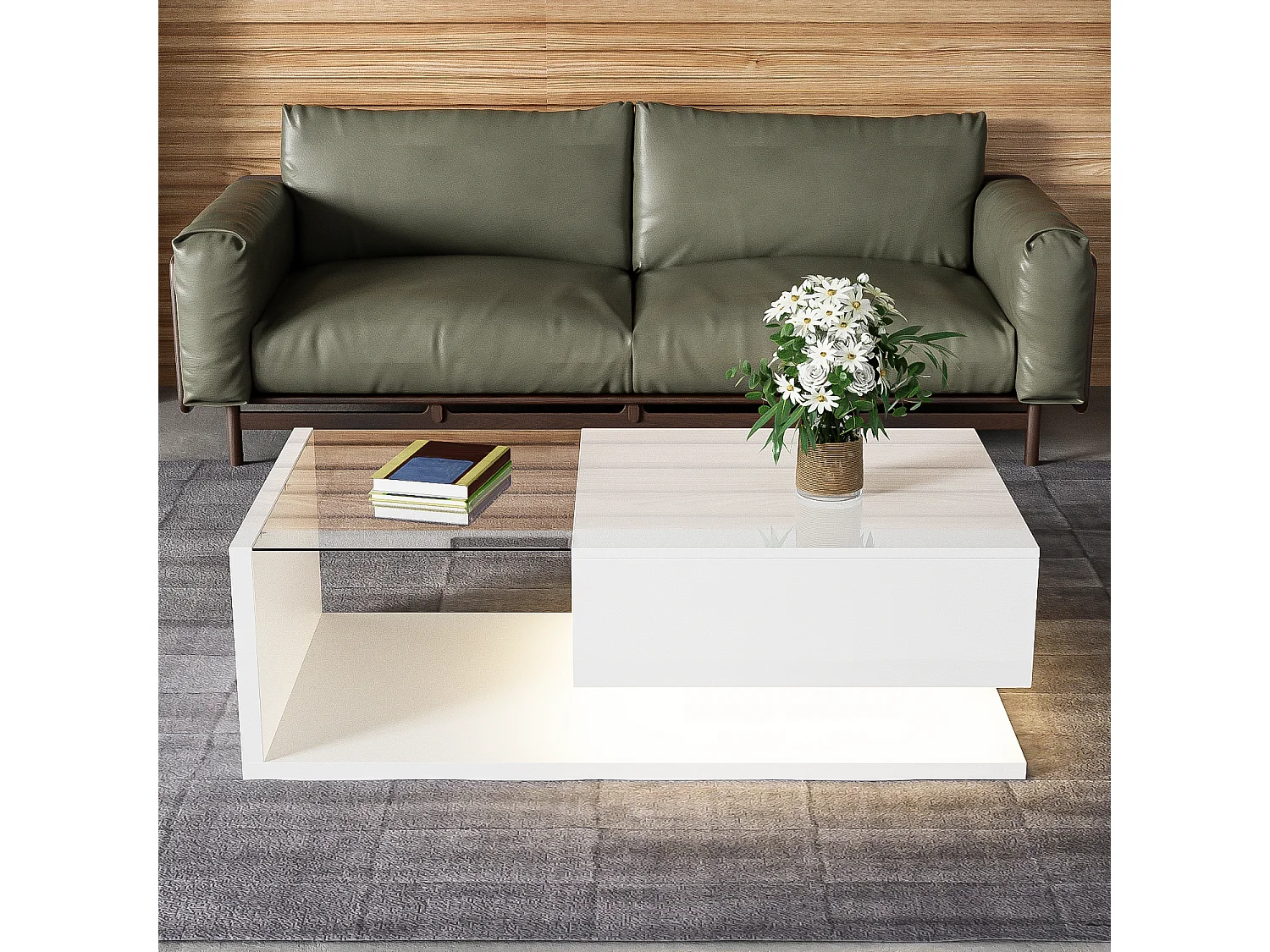 Table basse brillante - 105 x 55 x 32.5 cm - Tables d'appoint avec verre + Leds + 1 tiroirs - aggloméré - blanc