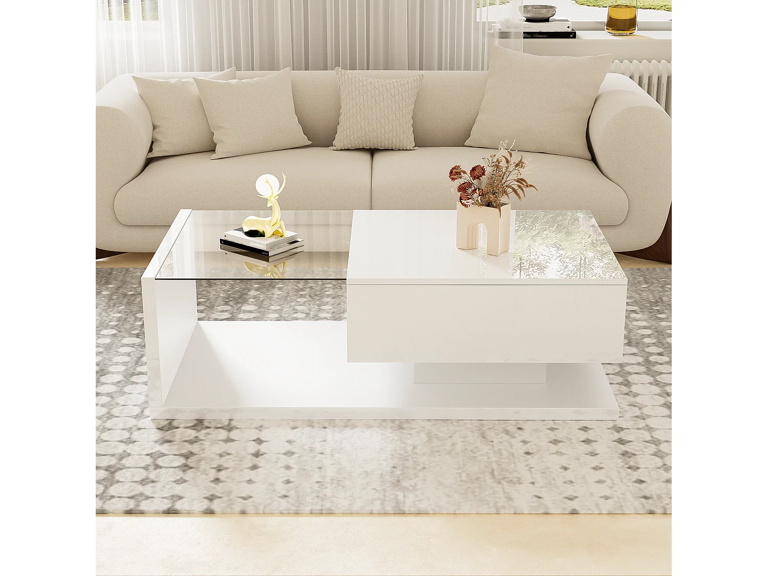 Table basse brillante - 105 x 55 x 32.5 cm - Tables d'appoint avec verre + Leds + 1 tiroirs - aggloméré - blanc