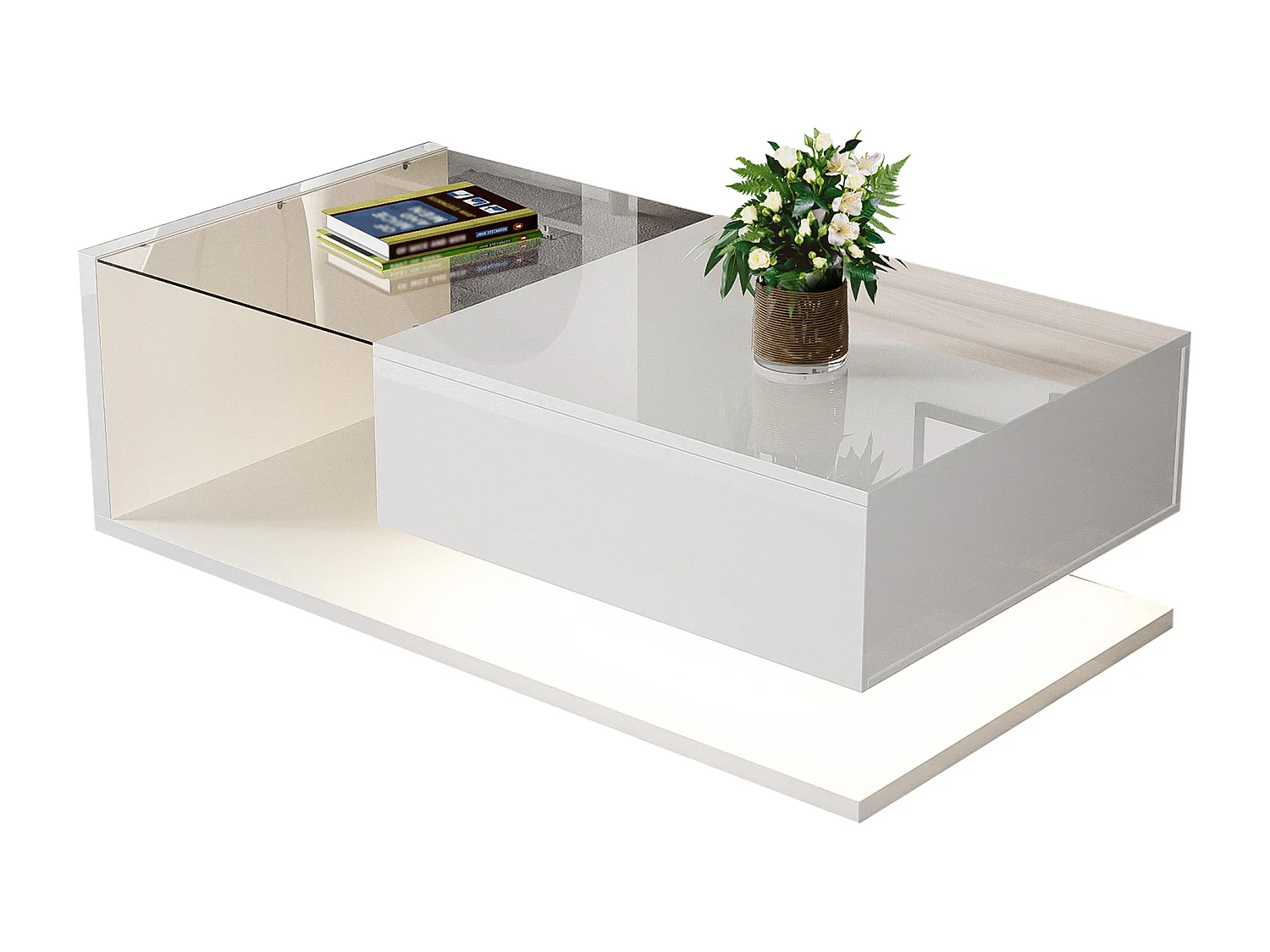 Table basse brillante - 105 x 55 x 32.5 cm - Tables d'appoint avec verre + Leds + 1 tiroirs - aggloméré - blanc