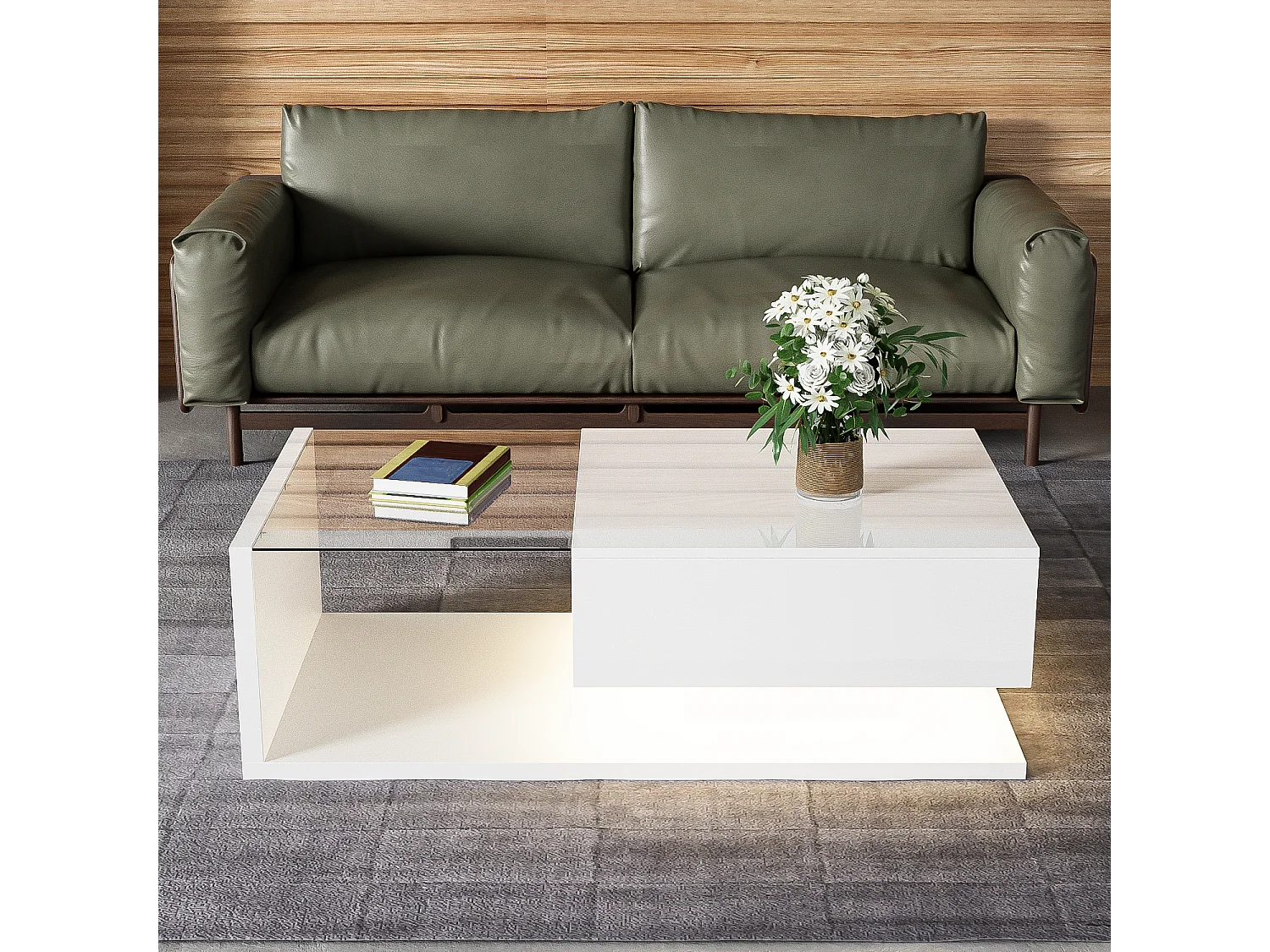 Table basse brillante - 105 x 55 x 32.5 cm - Tables d'appoint avec verre + Leds + 1 tiroirs - aggloméré - blanc