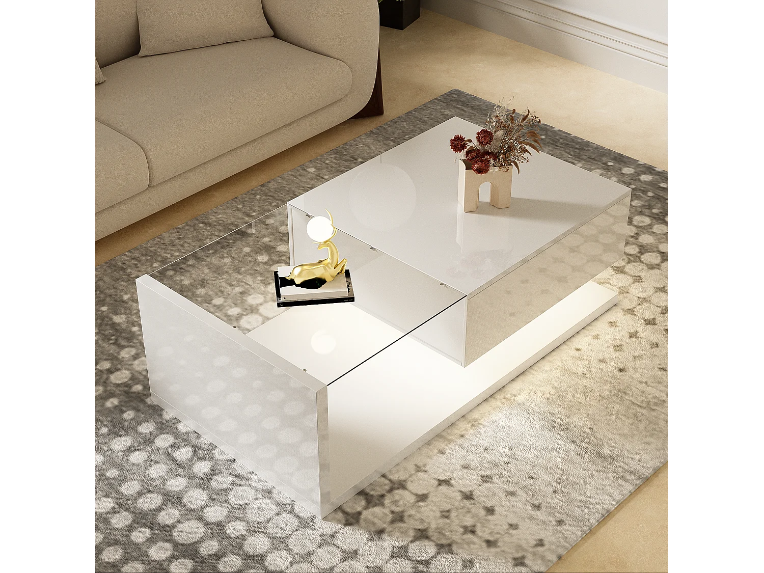 Table basse brillante - 105 x 55 x 32.5 cm - Tables d'appoint avec verre + Leds + 1 tiroirs - aggloméré - blanc