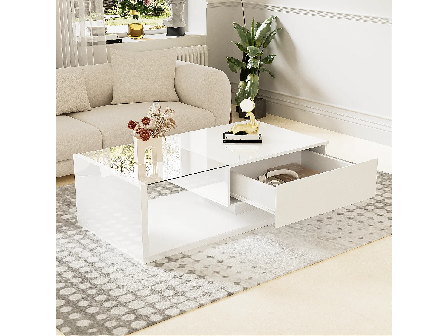 Table basse brillante - 105 x 55 x 32.5 cm - Tables d'appoint avec verre + Leds + 1 tiroirs - aggloméré - blanc