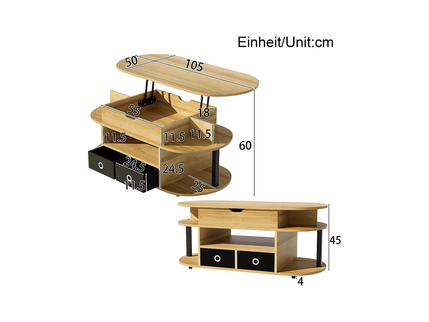 Table basse relevable en grain de bois - 105 x 50 x 45/60 cm - avec 2 tiroirs - aggloméré - naturel