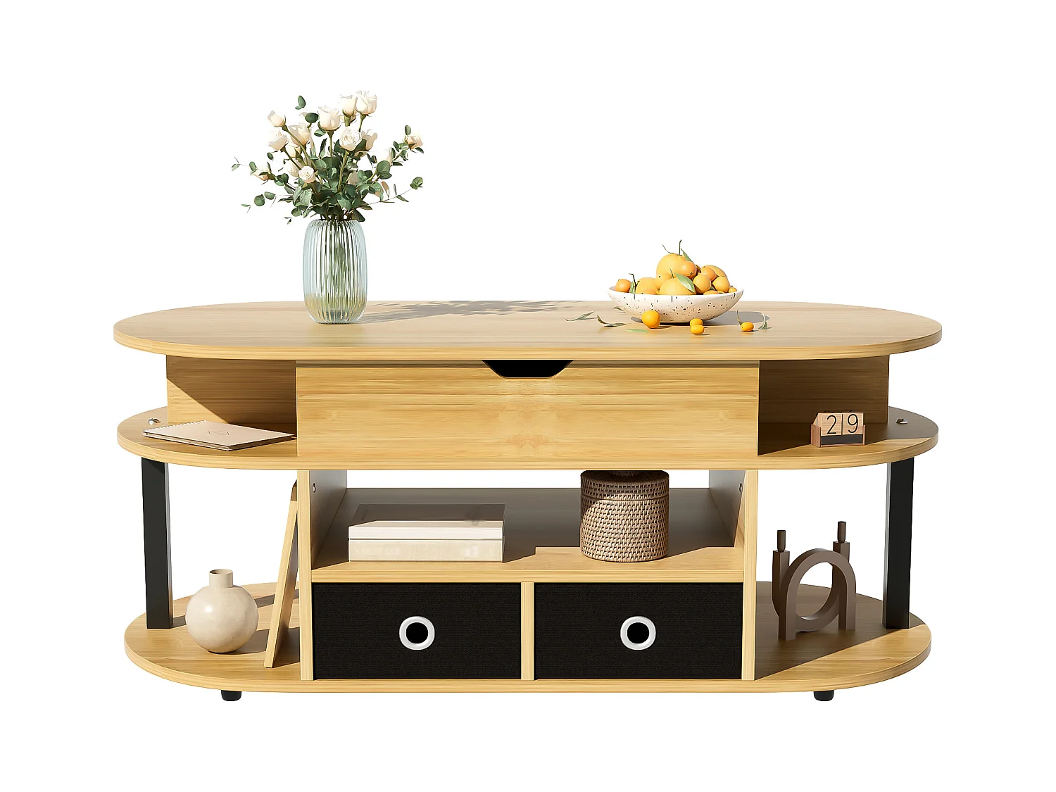 Table basse relevable en grain de bois - 105 x 50 x 45/60 cm - avec 2 tiroirs - aggloméré - naturel