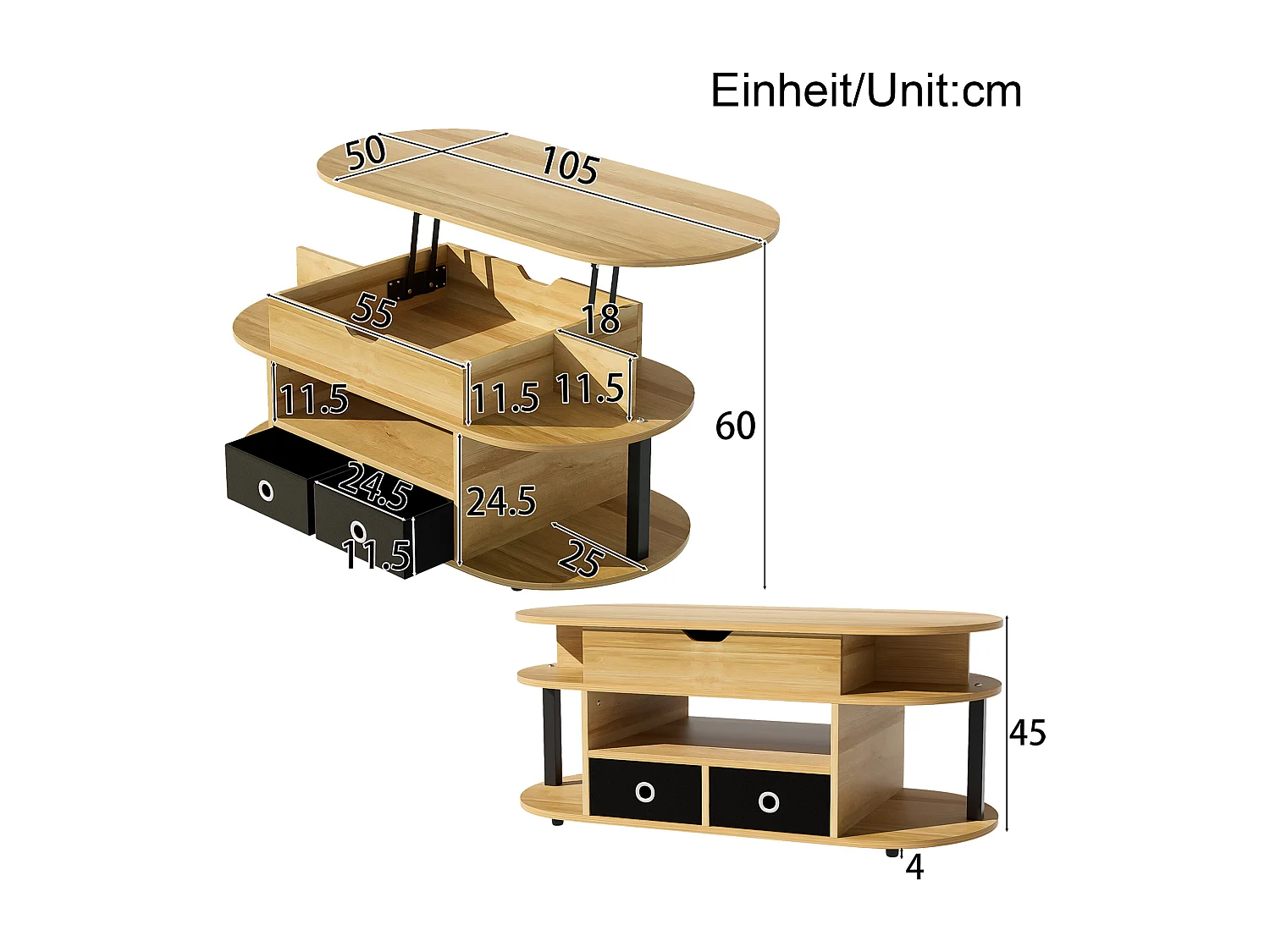 Couchtisch mit Holzmaserung - 105 x 50 x 45/60 cm - mit 2 Schubladen - Spanplatte - Natur