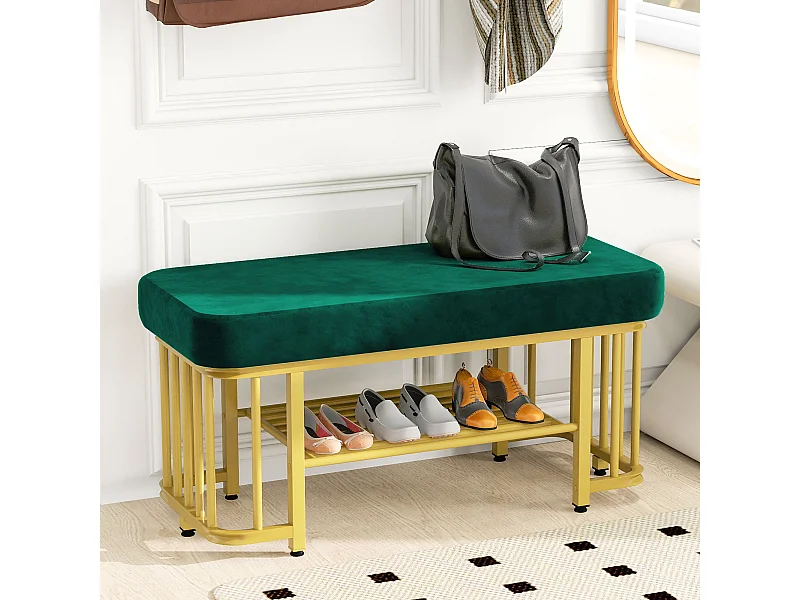 Schuhbank - 80 x 35 x 39,5 cm - Sitzfläche aus Samt - Metallgestell - verstellbare Füße - Metall - Grün + Gold
