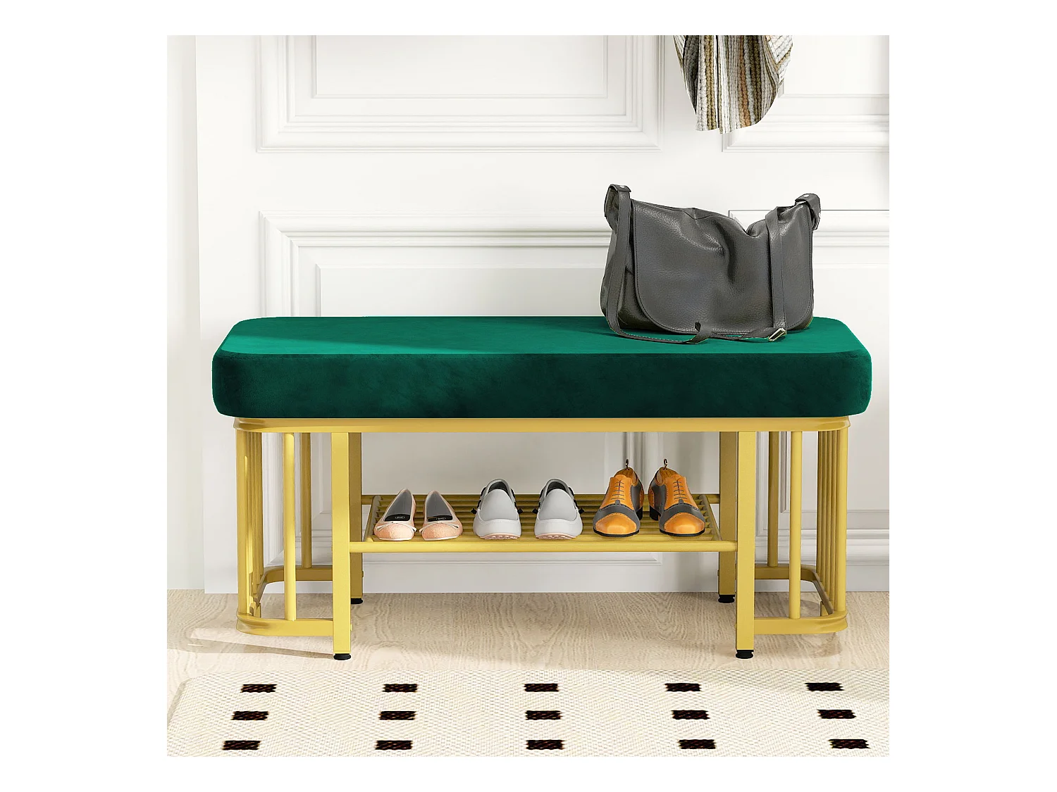 Banc à chaussures - 80 x 35 x 39.5 cm - assise en velours - structure en métal - pieds réglables - Métal - vert + doré