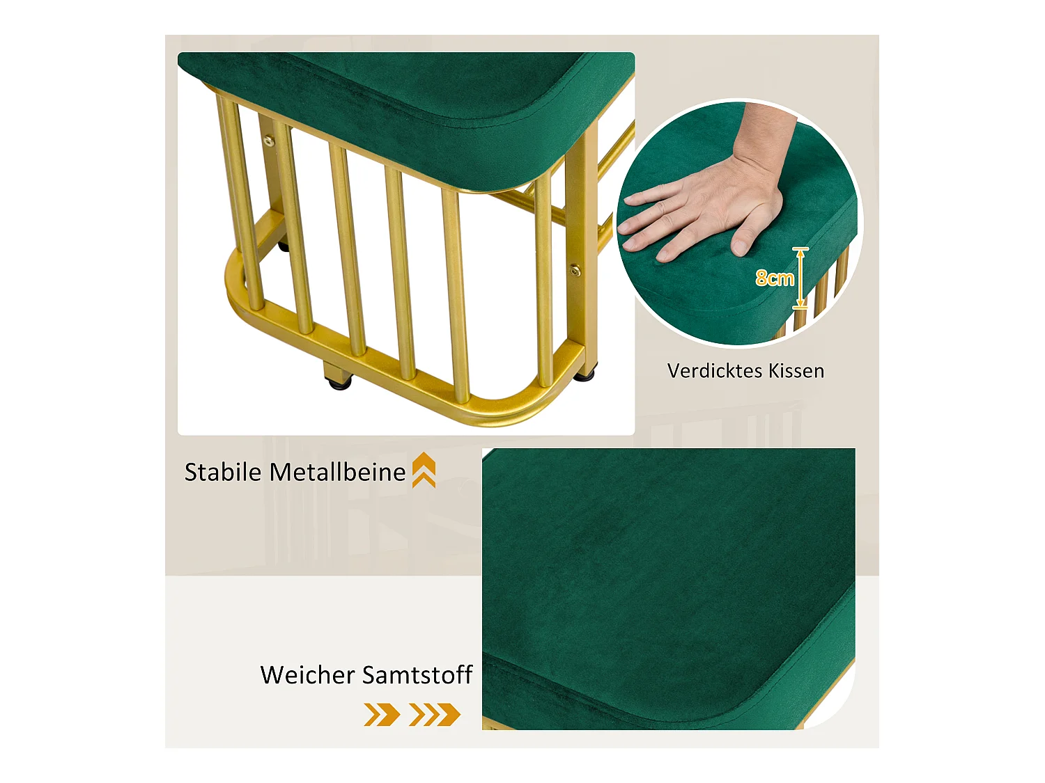 Banc à chaussures - 80 x 35 x 39.5 cm - assise en velours - structure en métal - pieds réglables - Métal - vert + doré