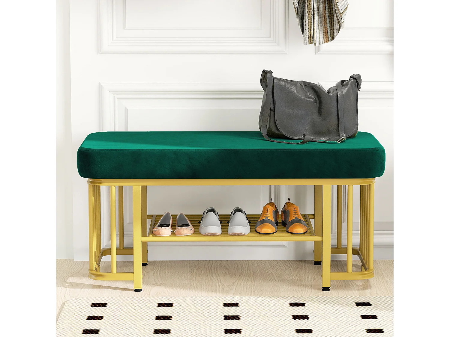 Banc à chaussures - 80 x 35 x 39.5 cm - assise en velours - structure en métal - pieds réglables - Métal - vert + doré